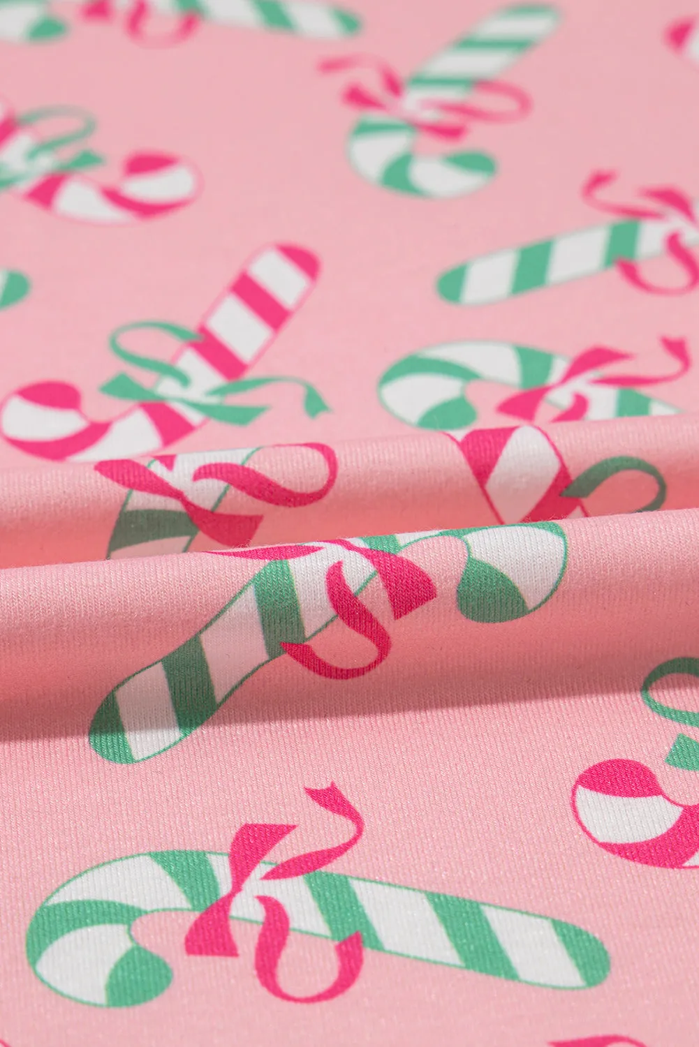 Pink Christmas Candy Cane Print Pocketed Knotted Pajama Set