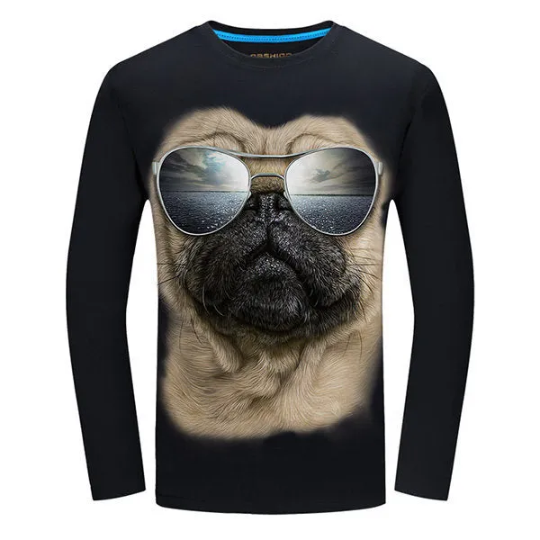 Plug Size Mens Fashion Unique 3D Pug Sunglasses Printing Casual Cotton Long Sleeve T-shirts