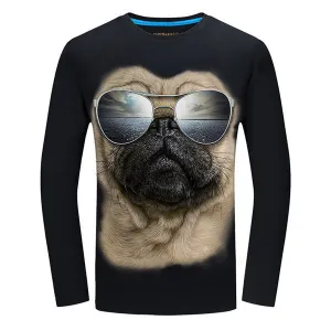 Plug Size Mens Fashion Unique 3D Pug Sunglasses Printing Casual Cotton Long Sleeve T-shirts
