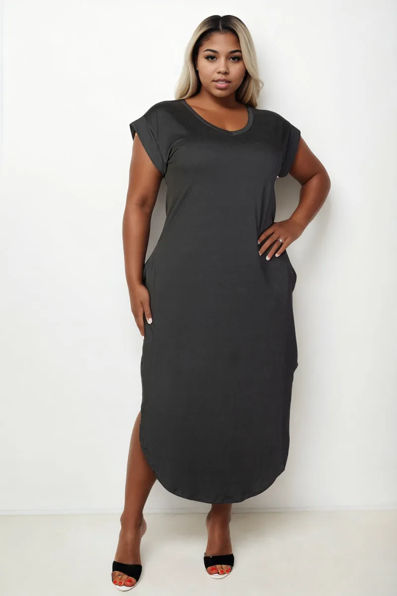 Plus Size Hidden Pocket Batwing Sleeve V Neck Long Dress