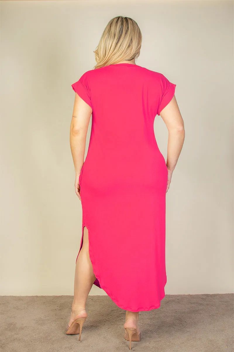 Plus Size Hidden Pocket Batwing Sleeve V Neck Long Dress