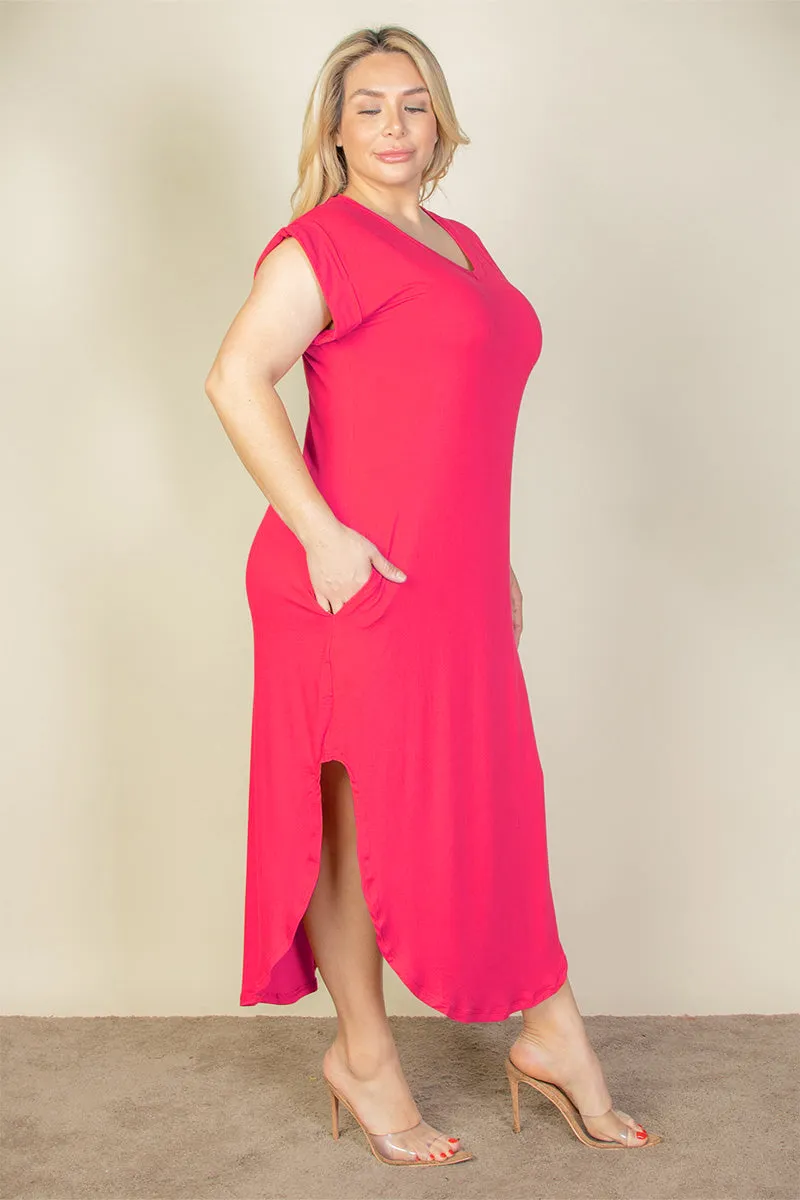 Plus Size Hidden Pocket Batwing Sleeve V Neck Long Dress