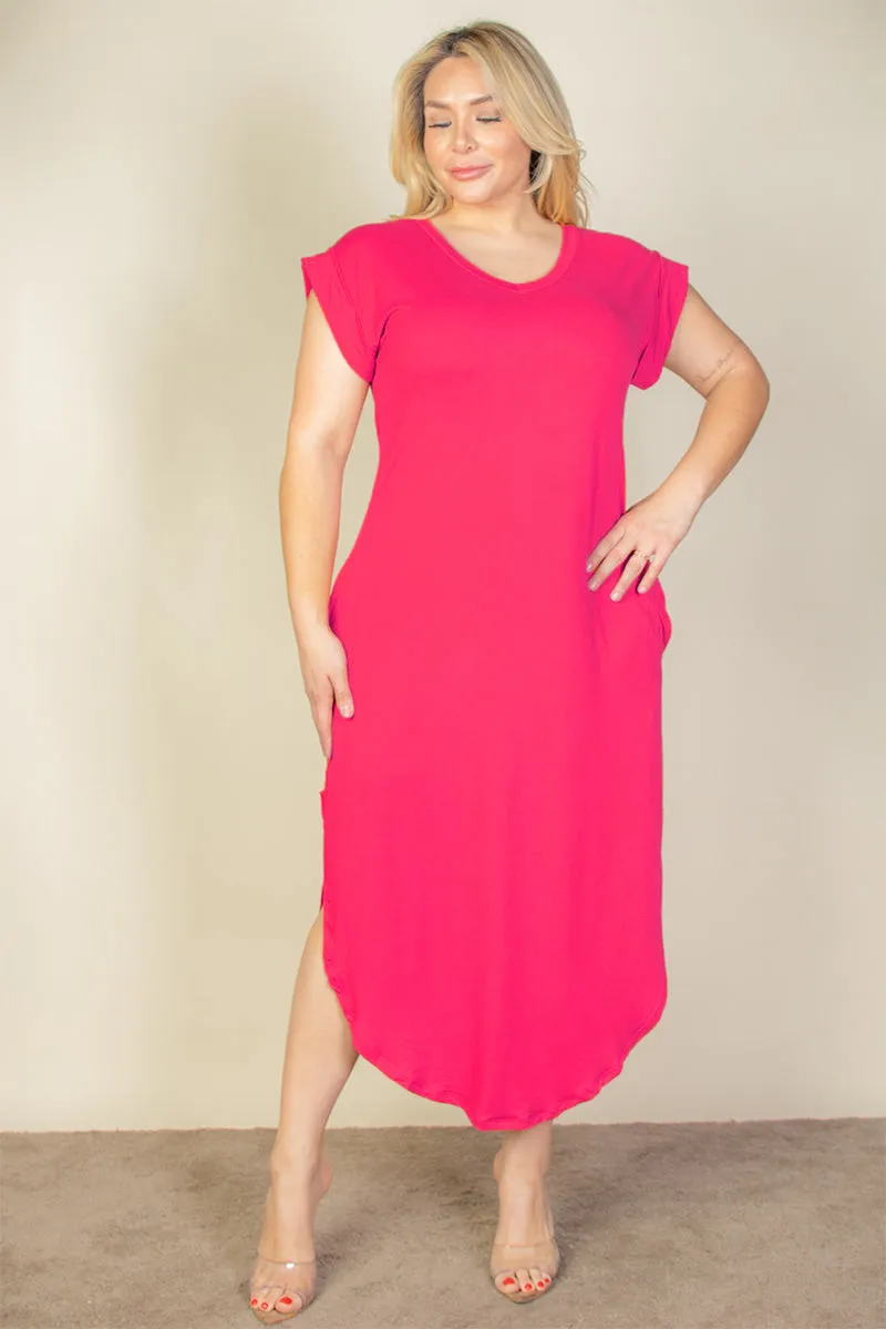 Plus Size Hidden Pocket Batwing Sleeve V Neck Long Dress