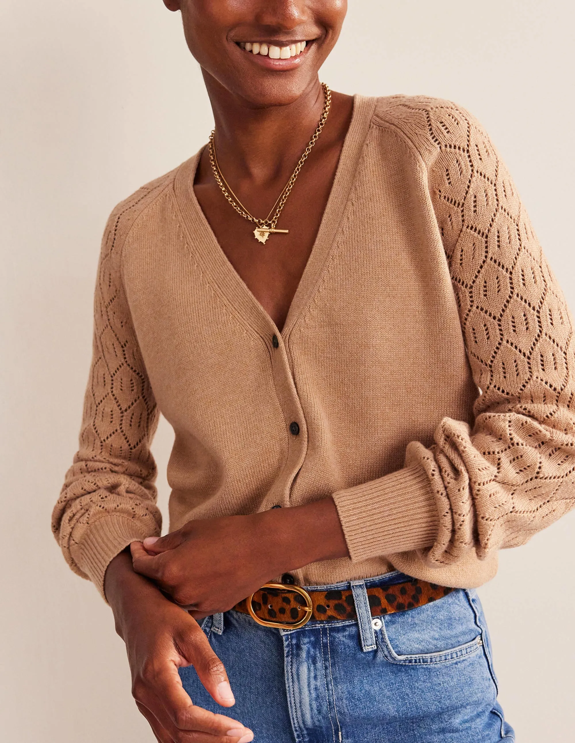 Pointelle Sleeve Cardigan-Camel Melange