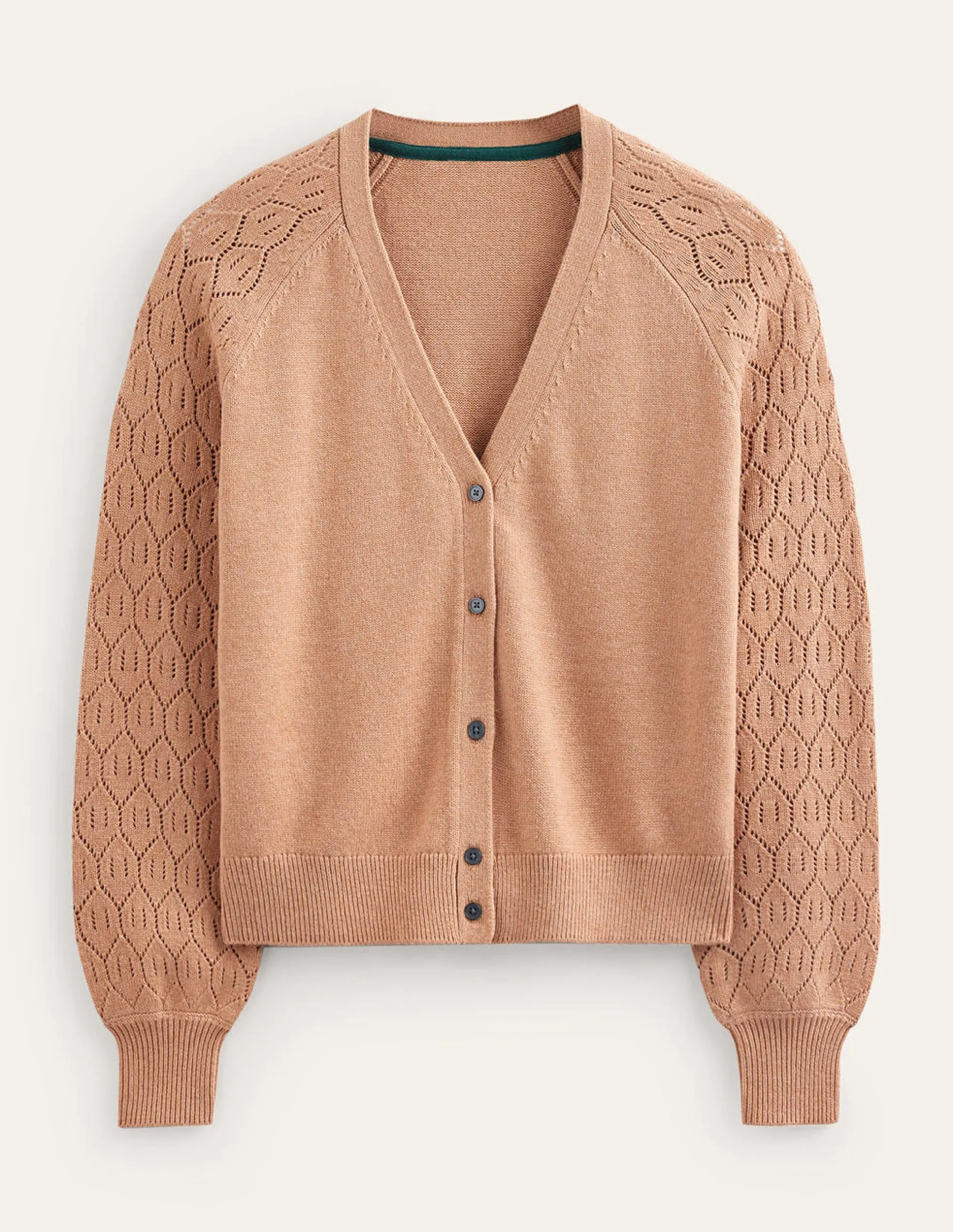 Pointelle Sleeve Cardigan-Camel Melange