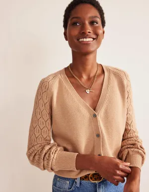 Pointelle Sleeve Cardigan-Camel Melange