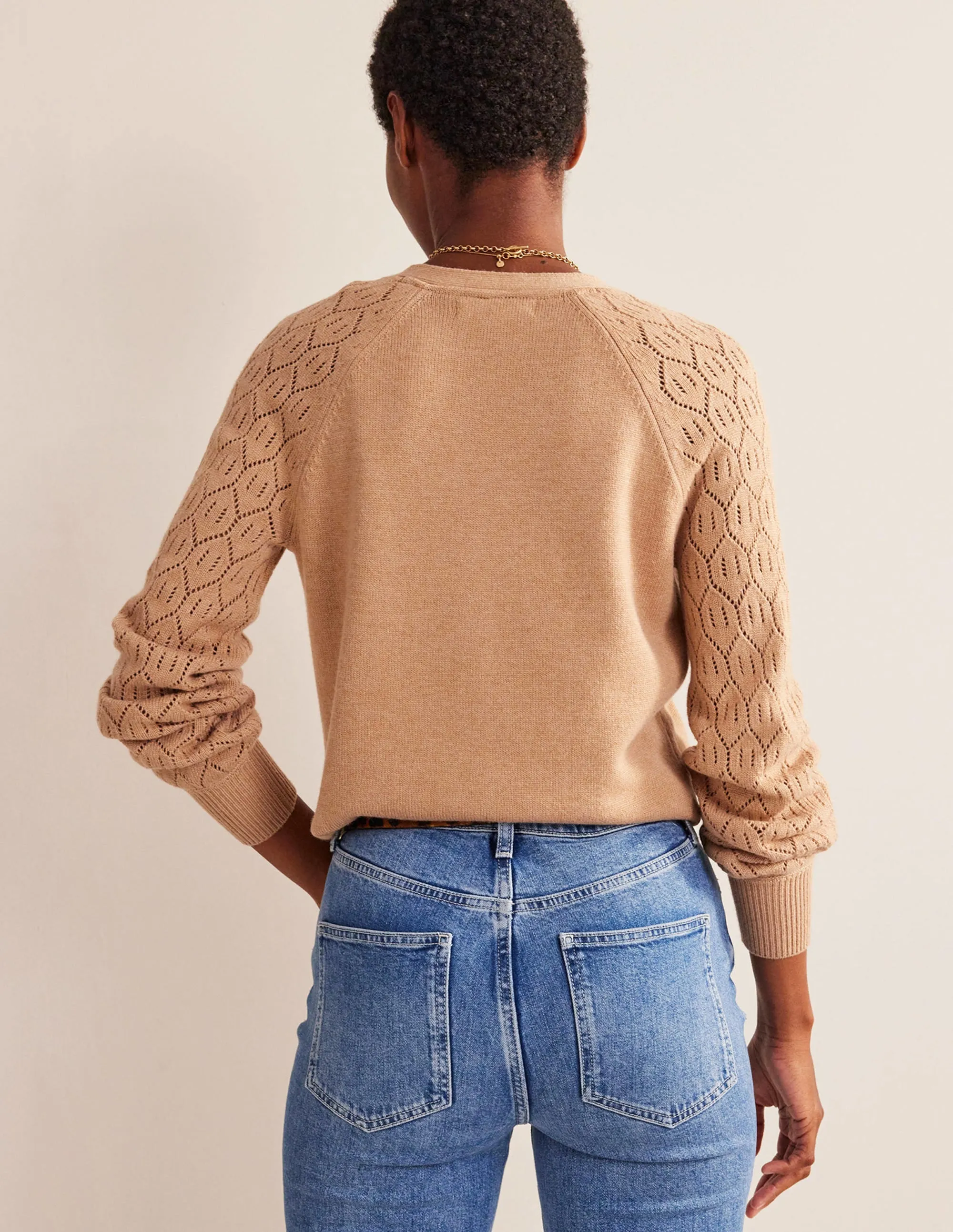 Pointelle Sleeve Cardigan-Camel Melange
