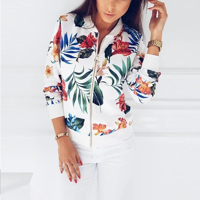 Print Bomber Jacket Women Flowers Zipper Up Retro Coat Spring 2019 Summer Long Sleeve Basic Plus Size Short Biker Jackets for Female