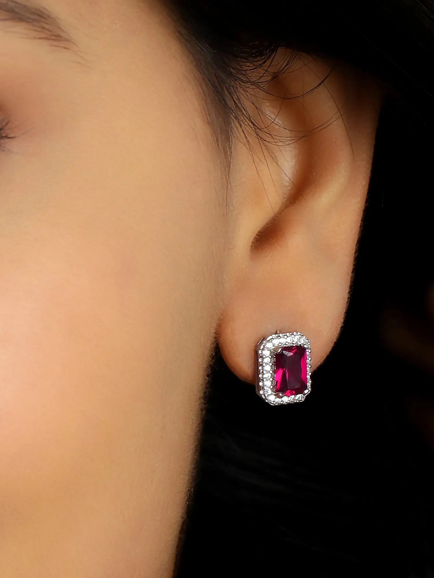 Red Ruby And American Diamond Halo Stud Earrings In 925 Silver