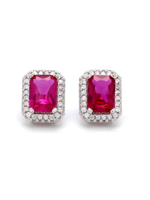 Red Ruby And American Diamond Halo Stud Earrings In 925 Silver