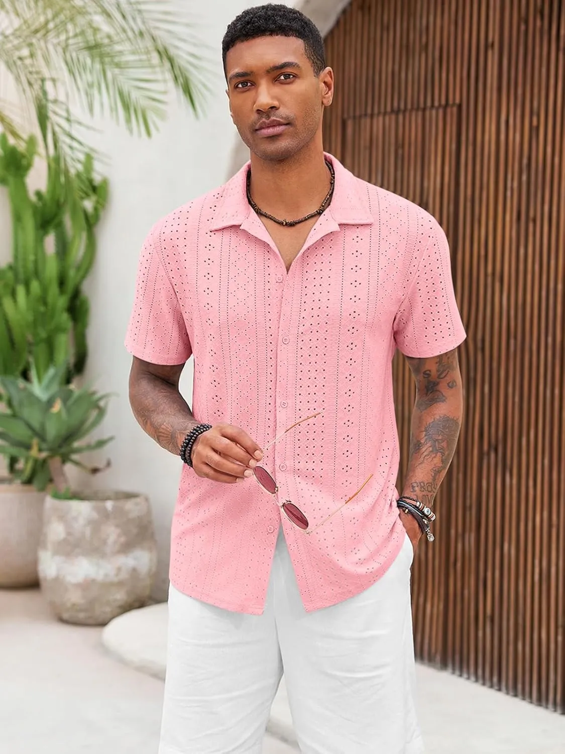 Runcati Mens Casual Button Down Shirt Short Sleeve Summer Beach Hollow Out Tropical Shirts