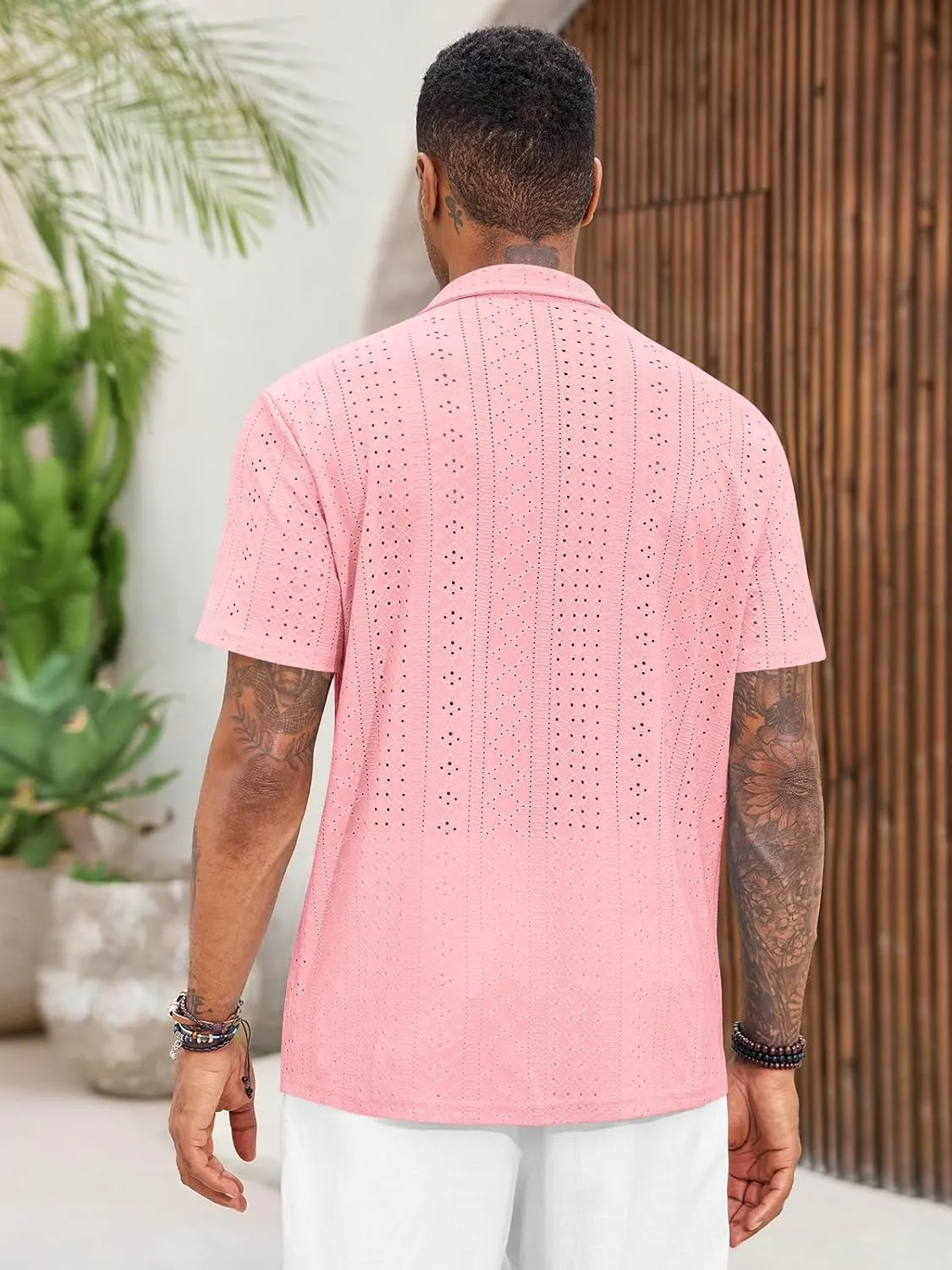 Runcati Mens Casual Button Down Shirt Short Sleeve Summer Beach Hollow Out Tropical Shirts