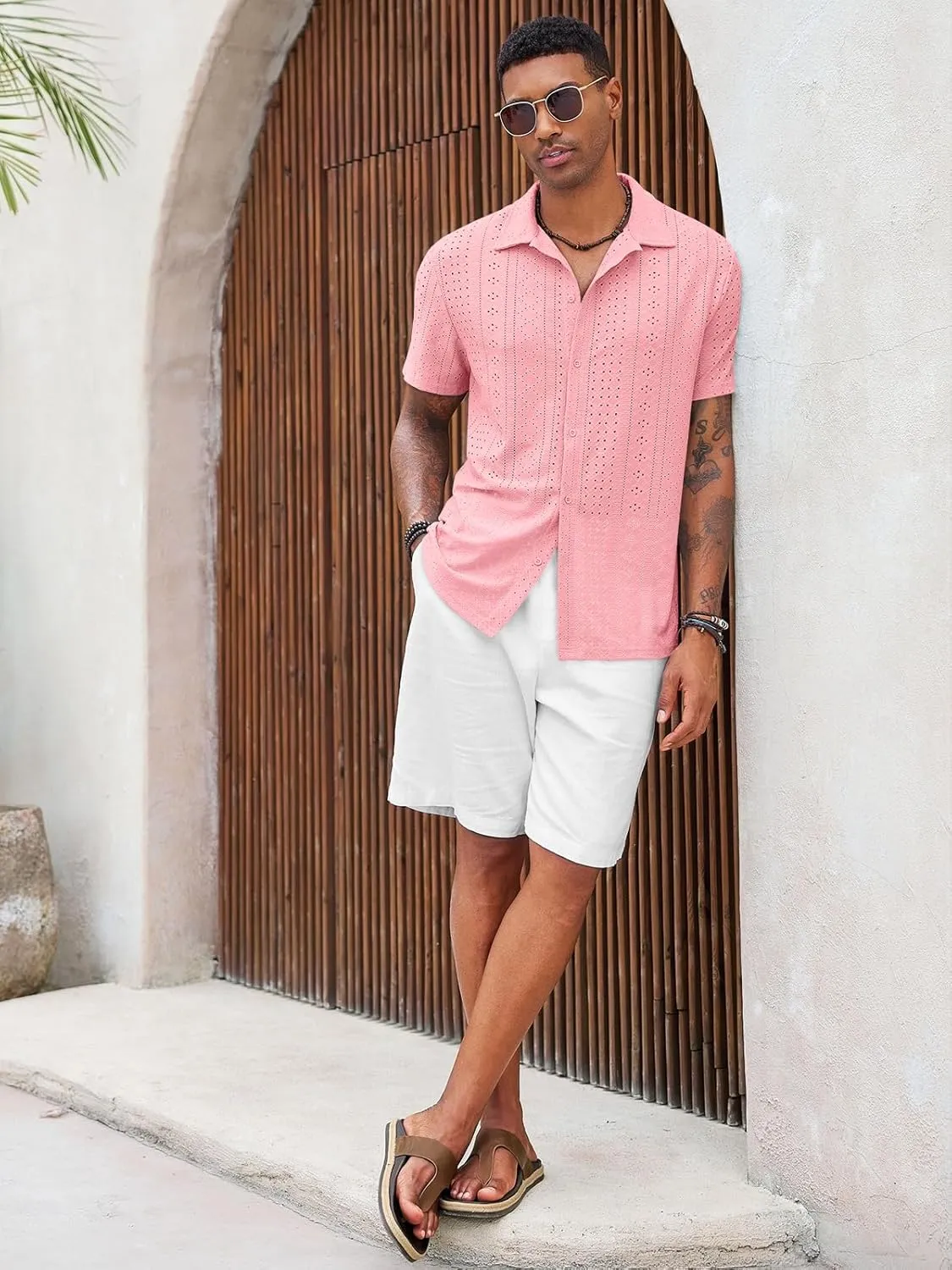 Runcati Mens Casual Button Down Shirt Short Sleeve Summer Beach Hollow Out Tropical Shirts