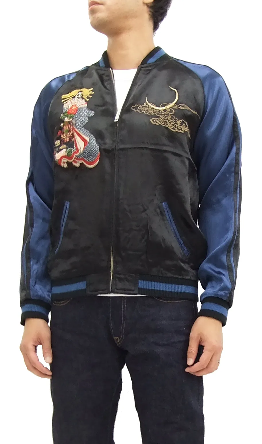 SATORI Japanese Souvenir Jacket GSJR-010 Geisha Skull Men's Sukajan Black/Navy