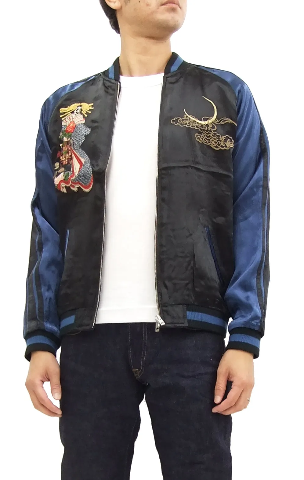 SATORI Japanese Souvenir Jacket GSJR-010 Geisha Skull Men's Sukajan Black/Navy