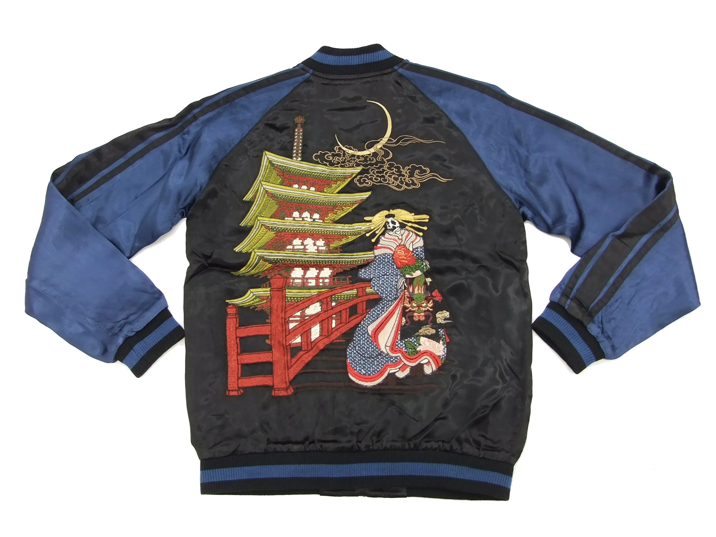 SATORI Japanese Souvenir Jacket GSJR-010 Geisha Skull Men's Sukajan Black/Navy