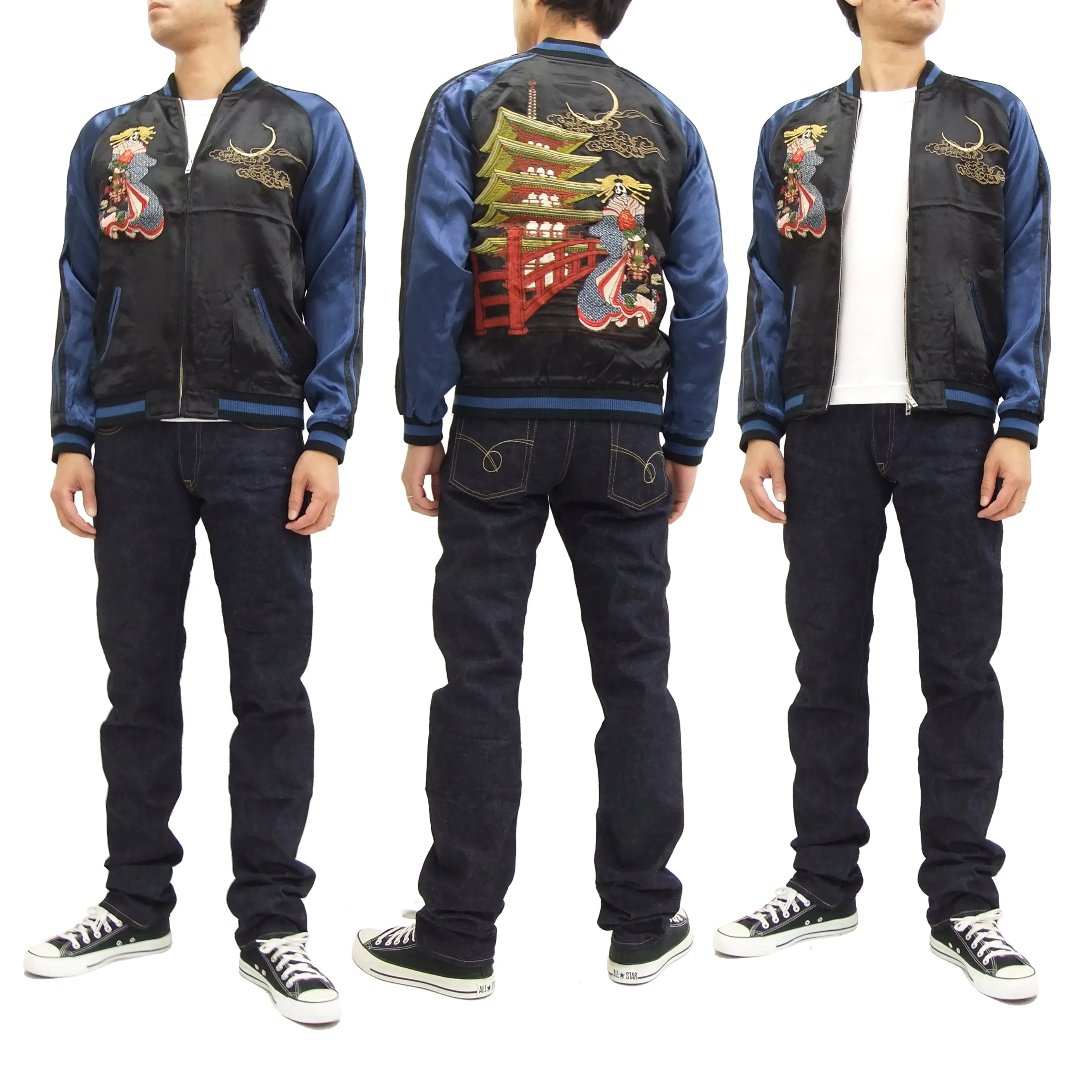 SATORI Japanese Souvenir Jacket GSJR-010 Geisha Skull Men's Sukajan Black/Navy