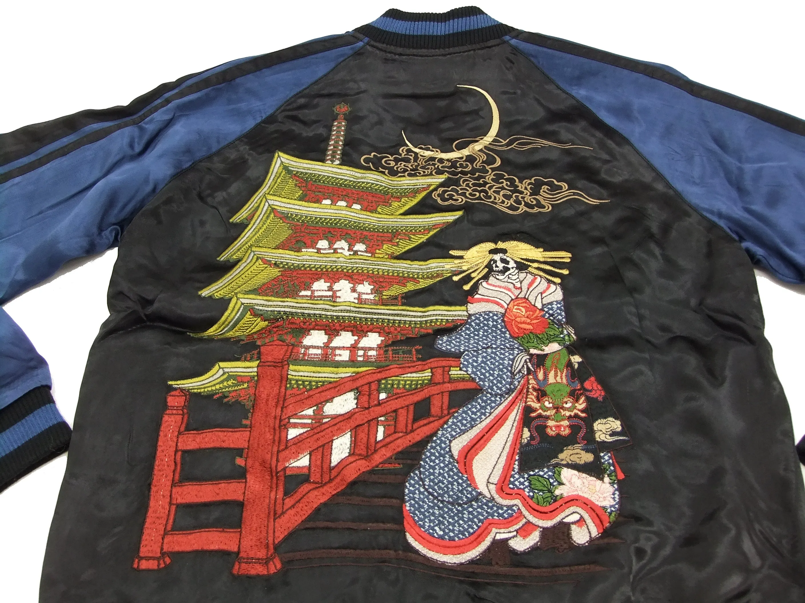 SATORI Japanese Souvenir Jacket GSJR-010 Geisha Skull Men's Sukajan Black/Navy