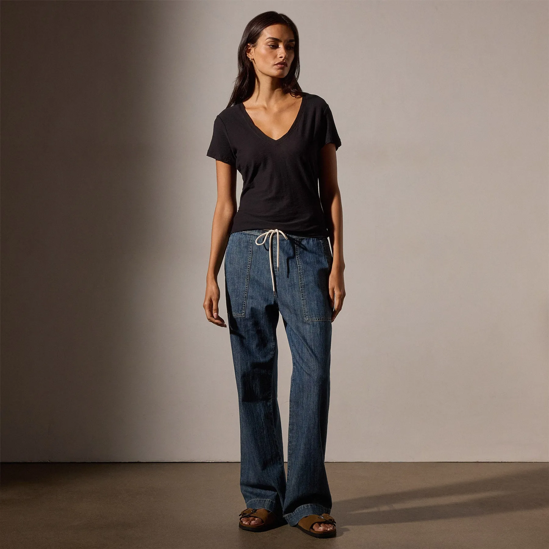 Sheer Slub Casual V Neck - Black