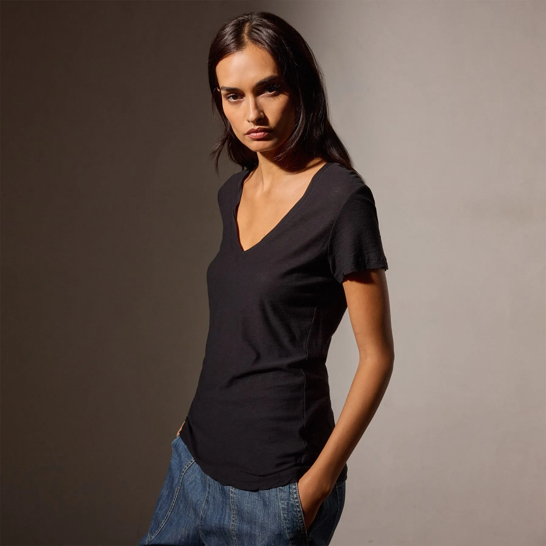 Sheer Slub Casual V Neck - Black