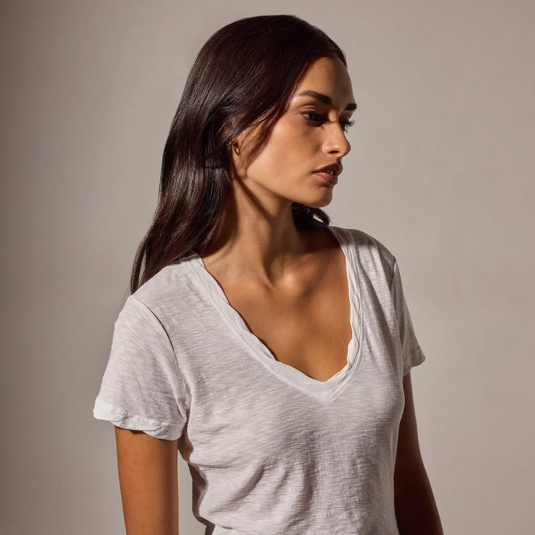 Sheer Slub Casual V Neck - White