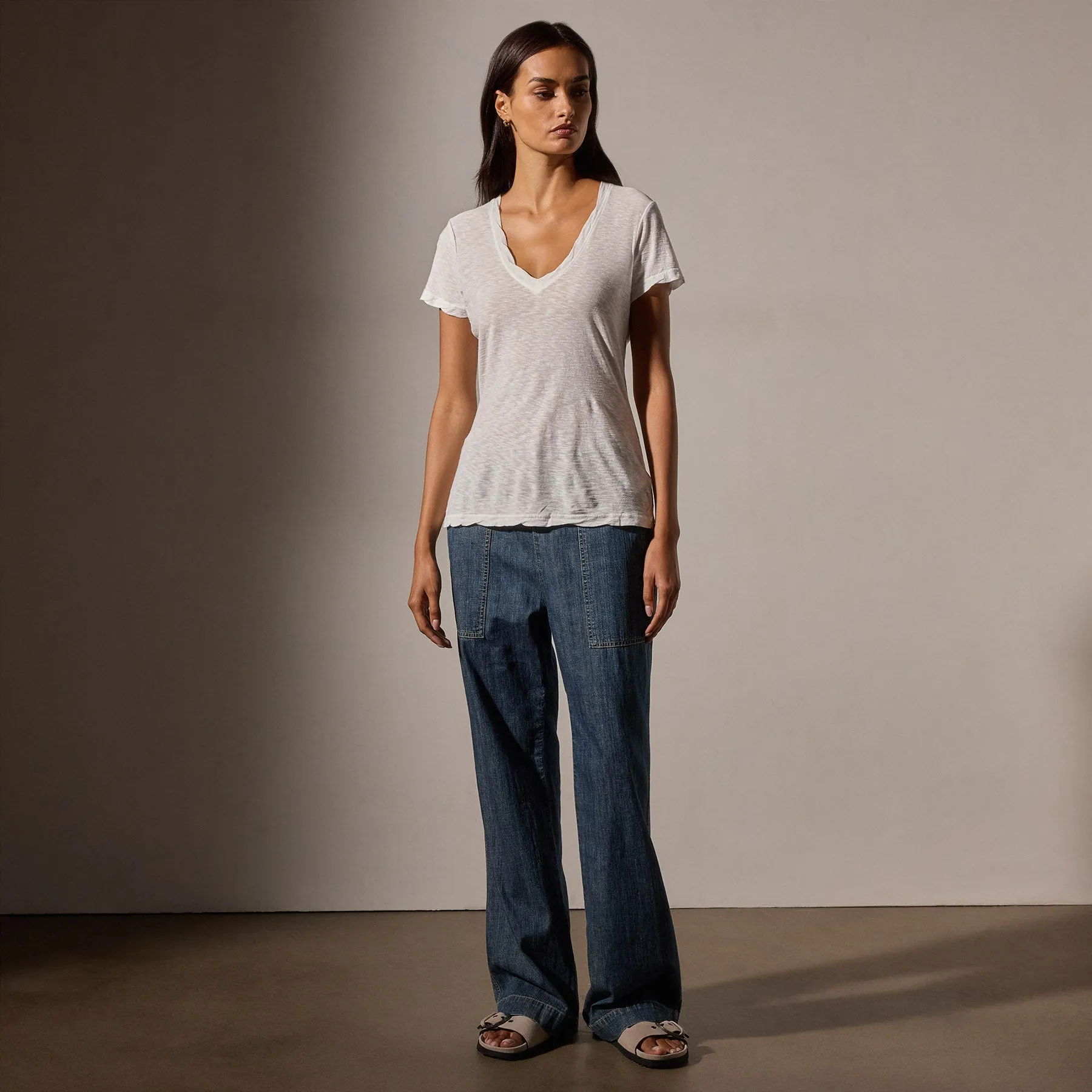 Sheer Slub Casual V Neck - White