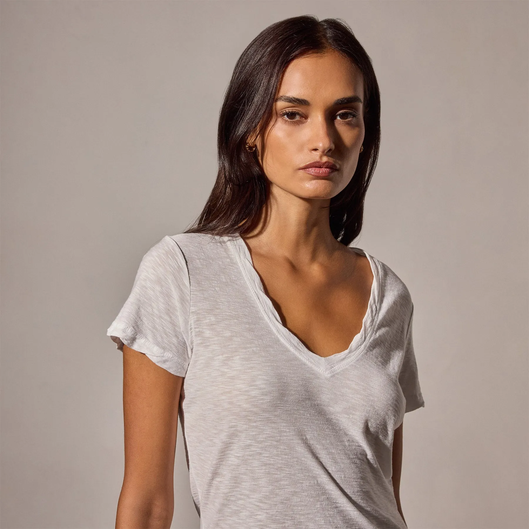Sheer Slub Casual V Neck - White
