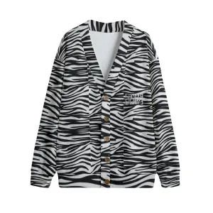 Sixty Eight 93 Logo White & Black OG Zebra Unisex V-Neck Knitted Fleece Cardigan
