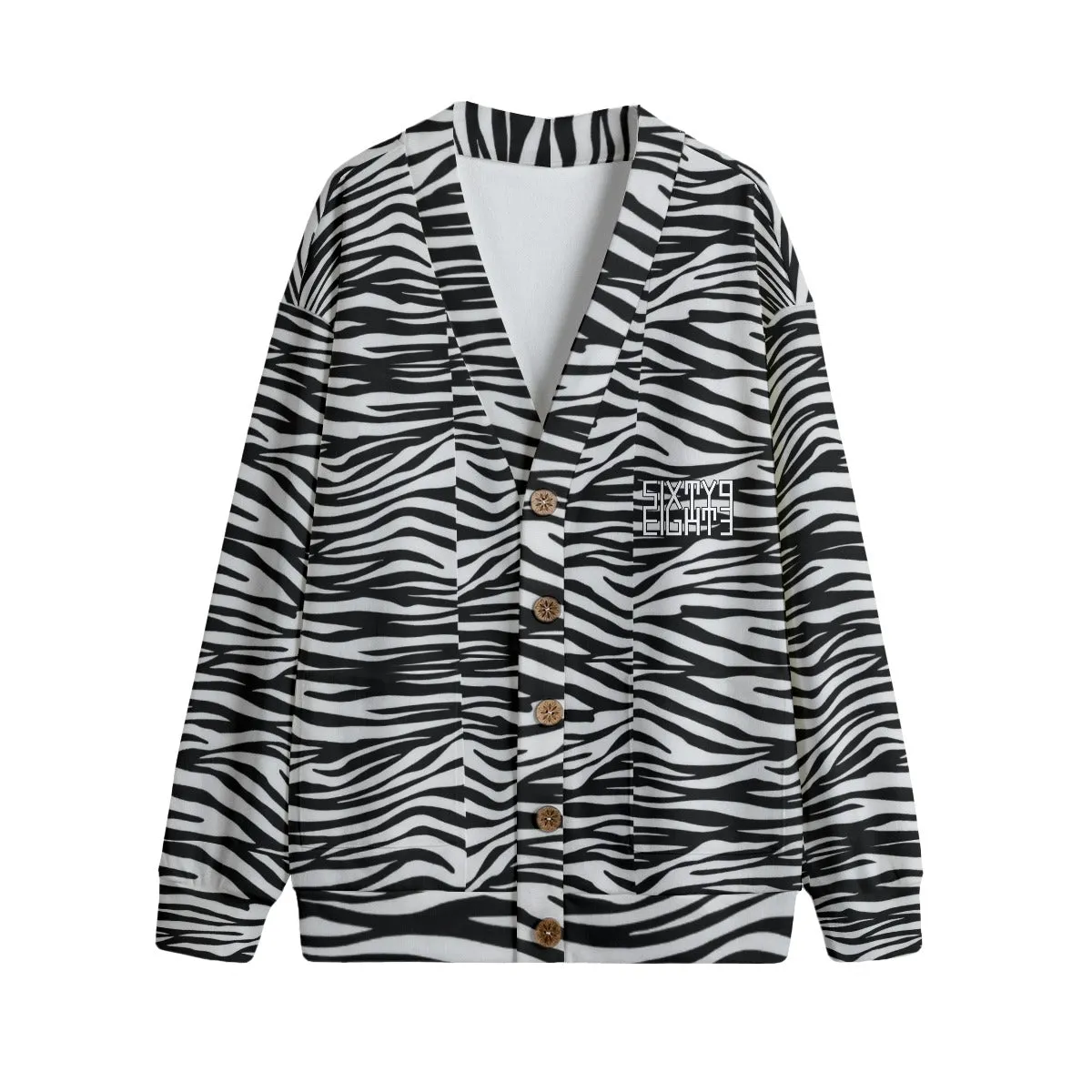Sixty Eight 93 Logo White & Black OG Zebra Unisex V-Neck Knitted Fleece Cardigan