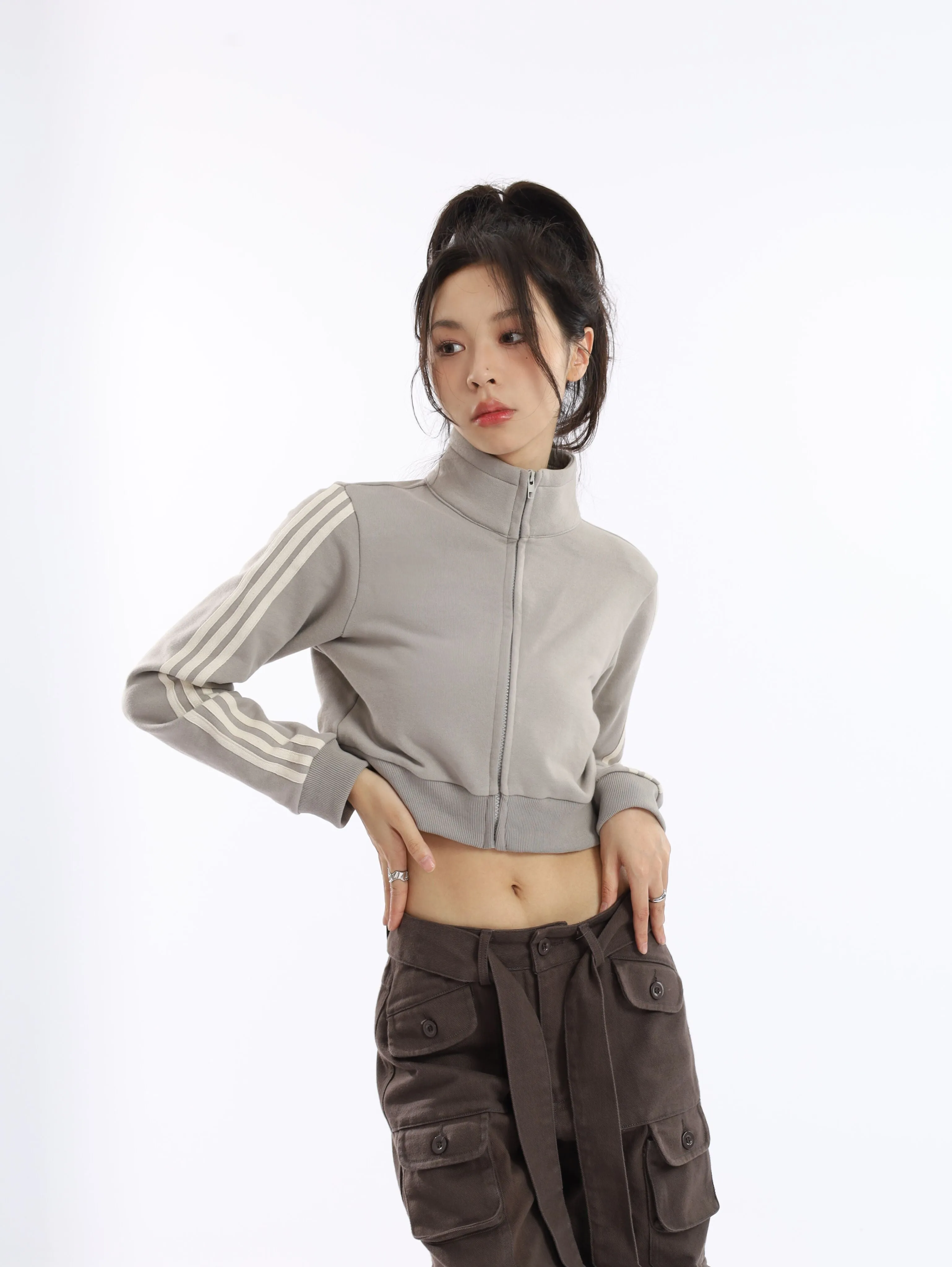 Stripe Sleeve Cropped Bomber Jacket