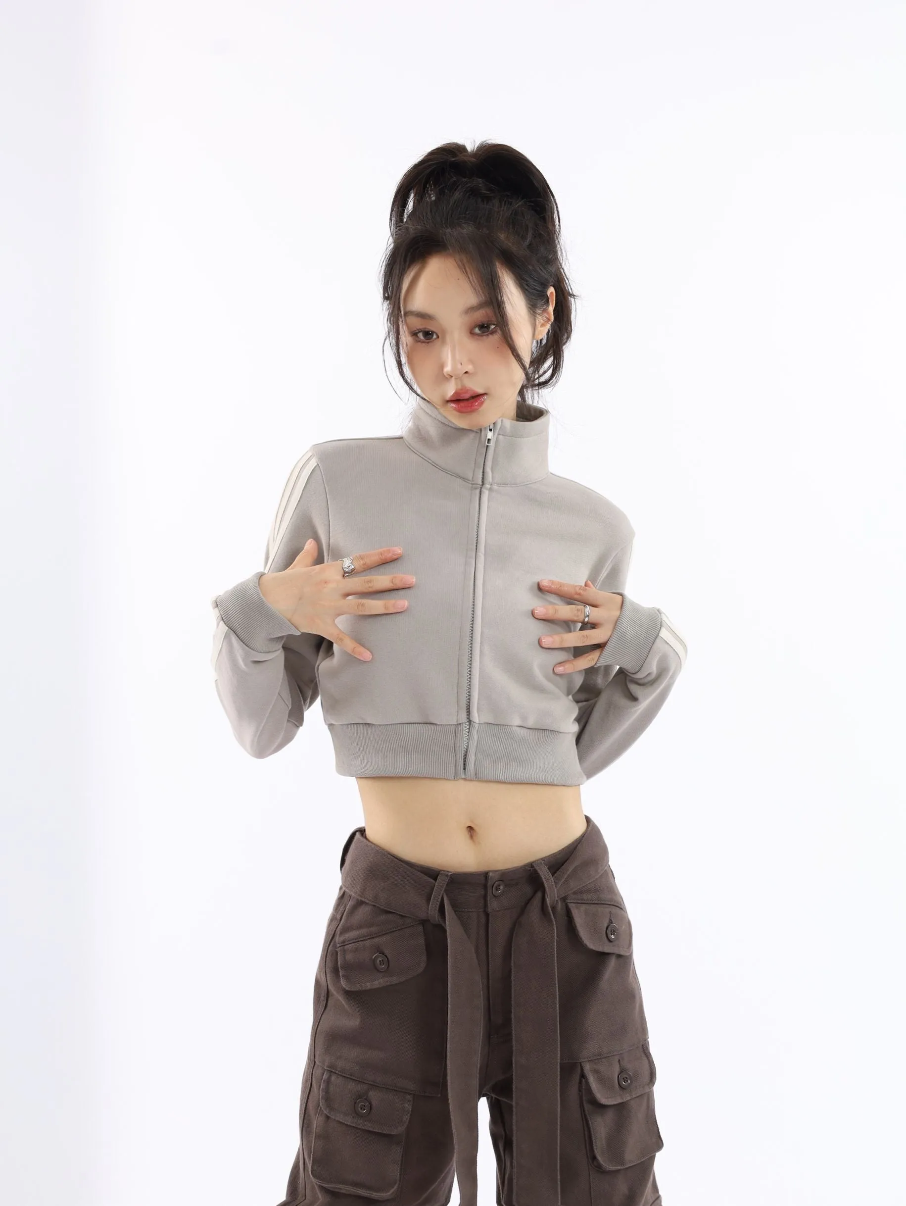 Stripe Sleeve Cropped Bomber Jacket