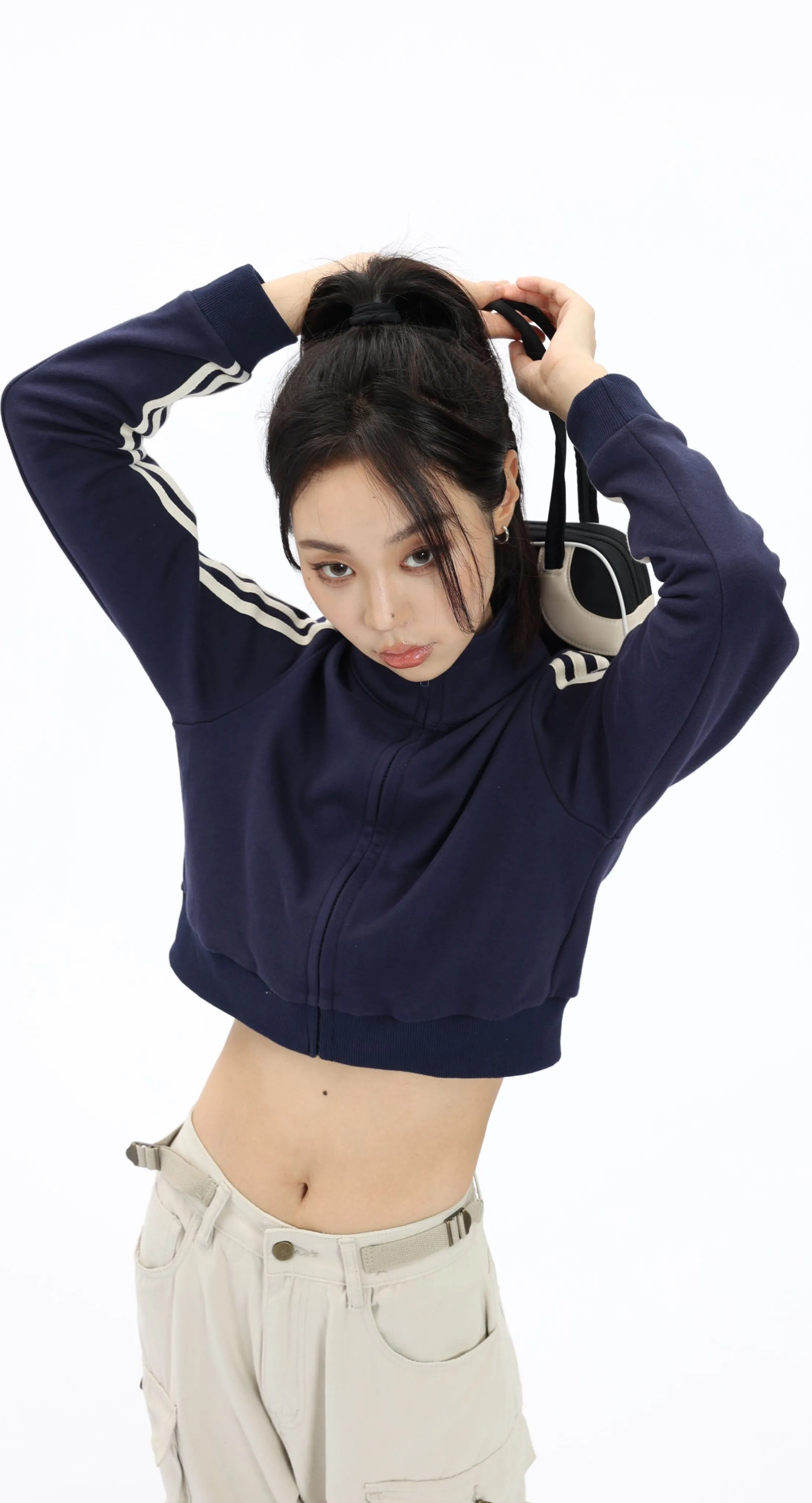 Stripe Sleeve Cropped Bomber Jacket