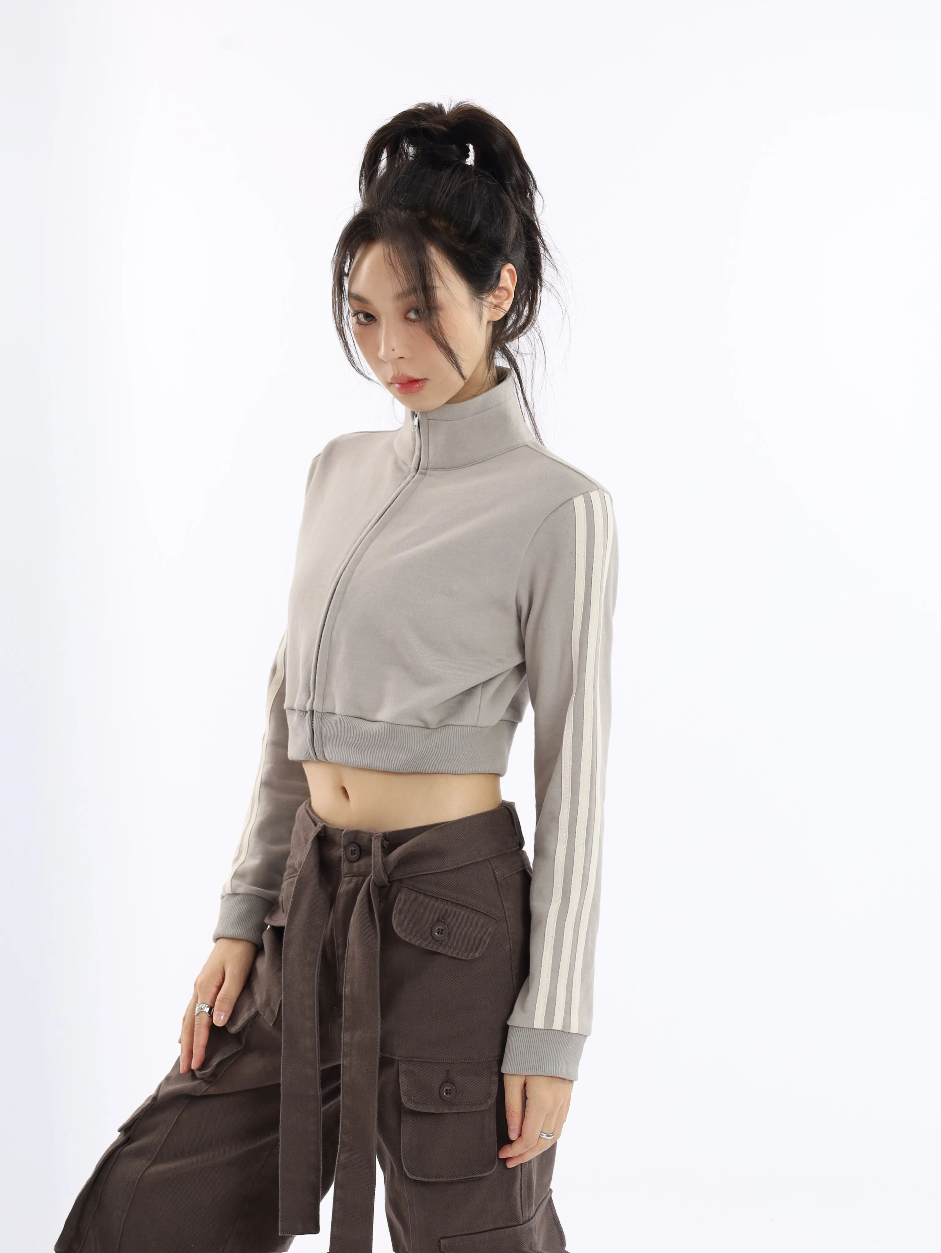 Stripe Sleeve Cropped Bomber Jacket