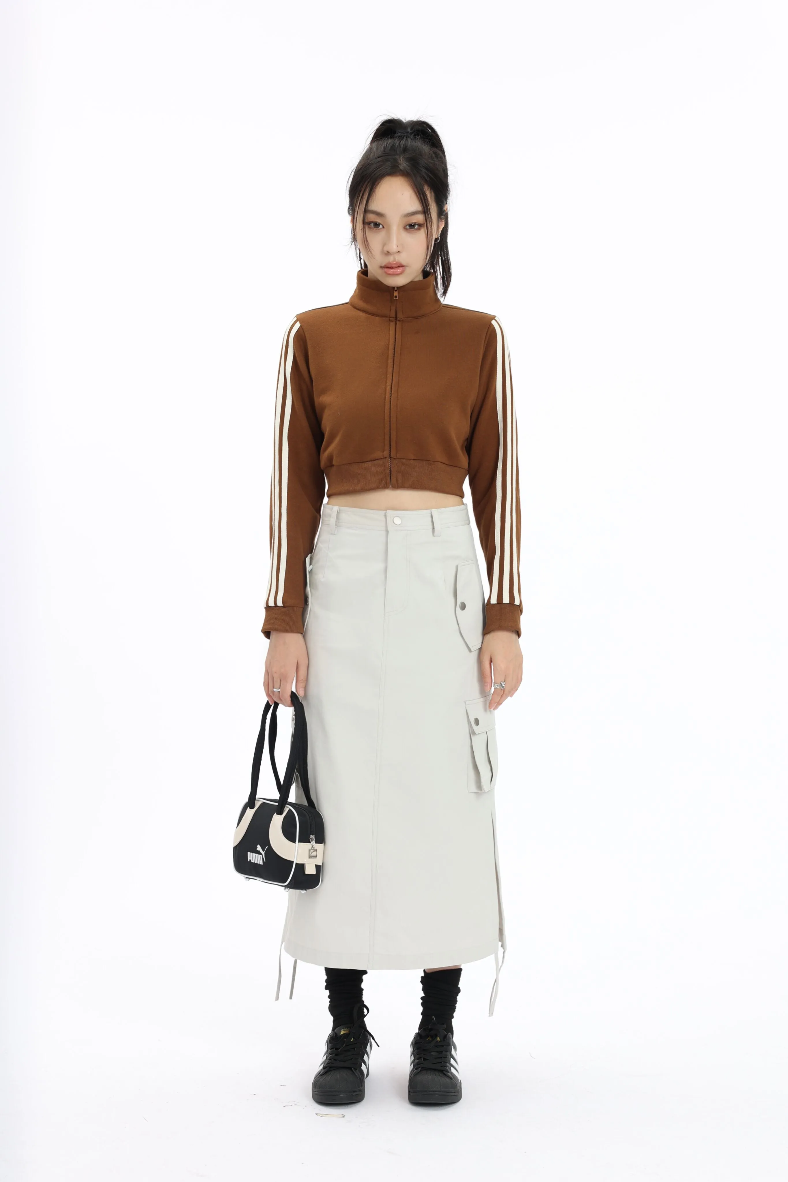 Stripe Sleeve Cropped Bomber Jacket