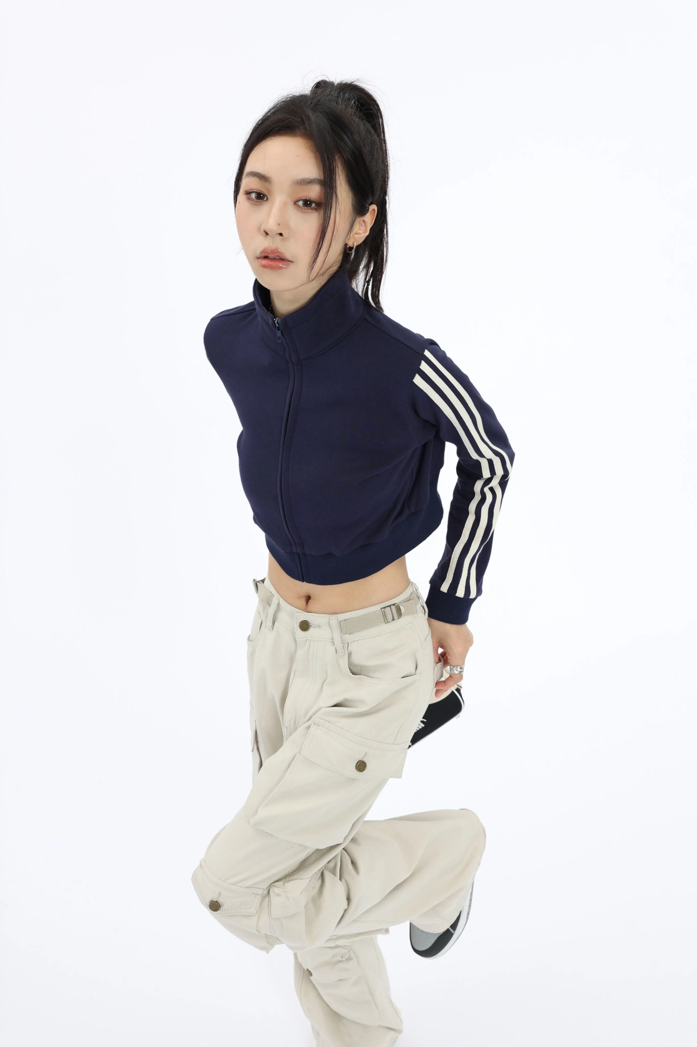 Stripe Sleeve Cropped Bomber Jacket