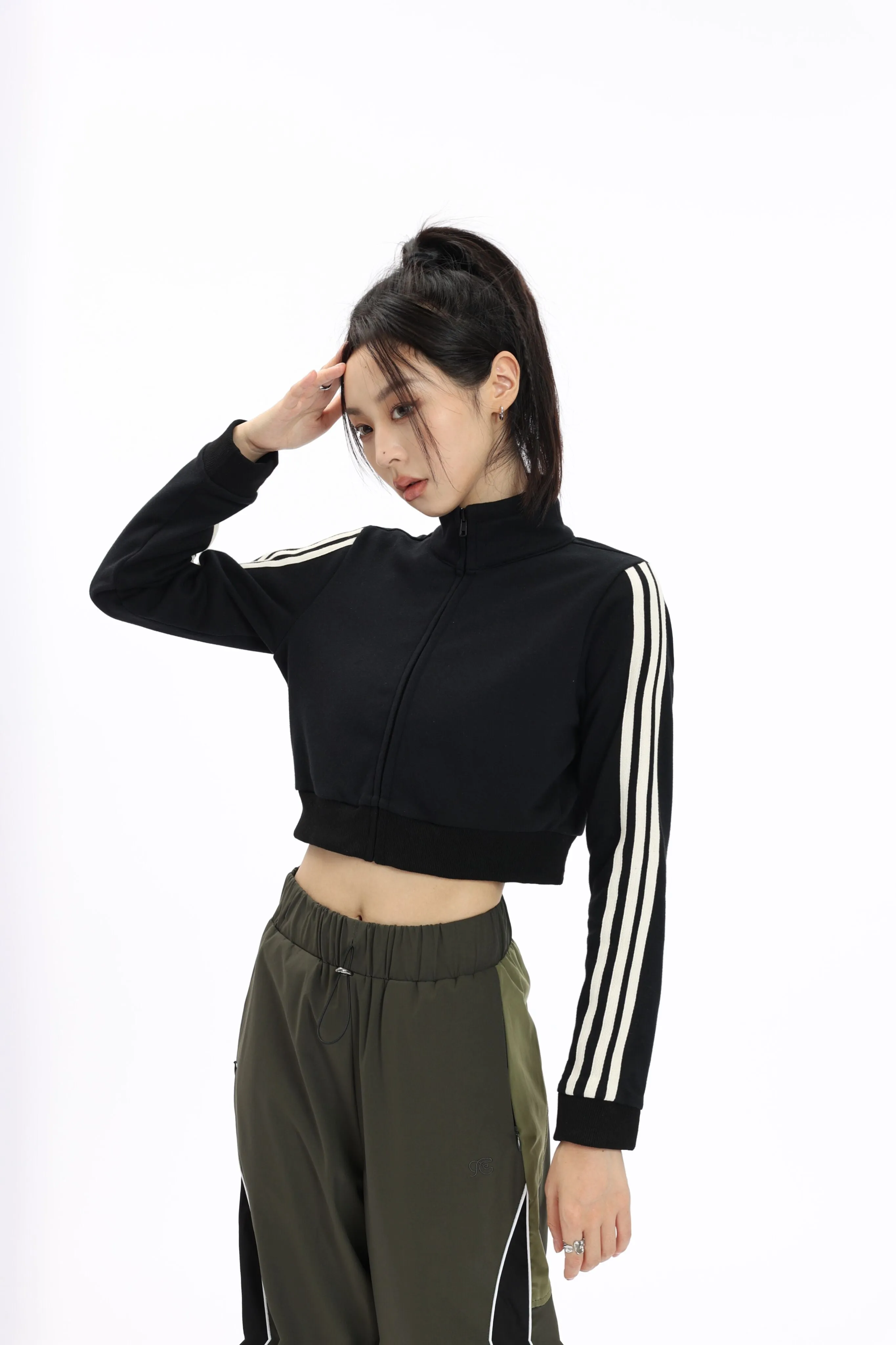Stripe Sleeve Cropped Bomber Jacket