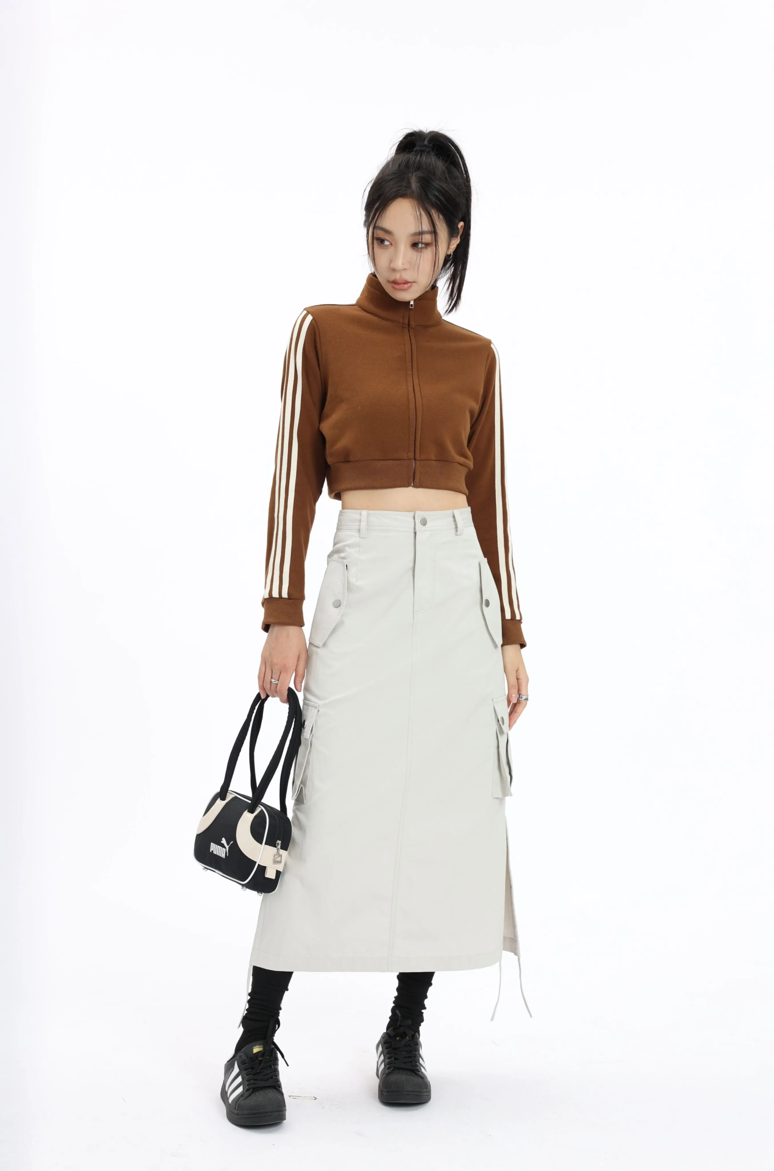 Stripe Sleeve Cropped Bomber Jacket