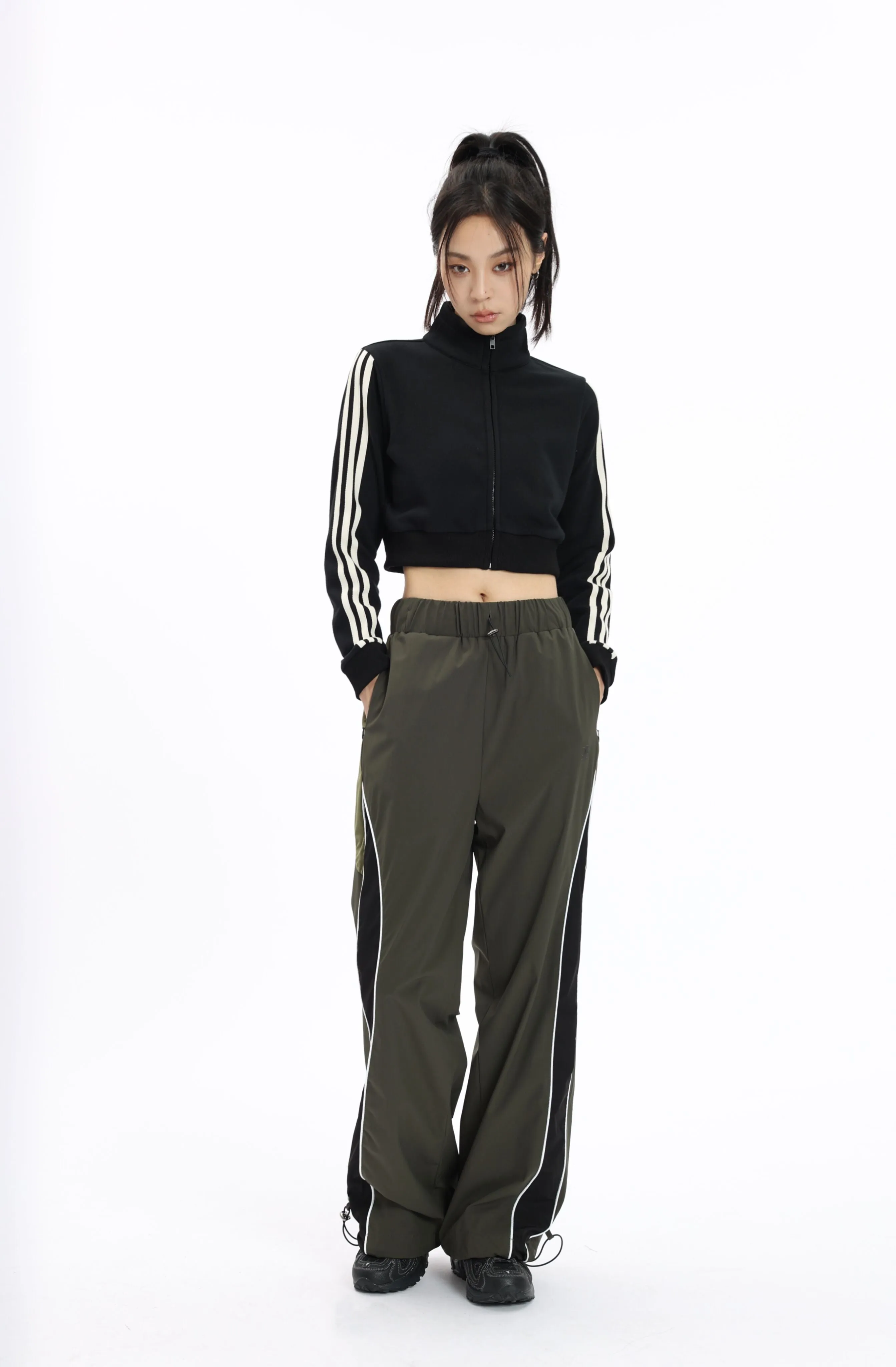 Stripe Sleeve Cropped Bomber Jacket