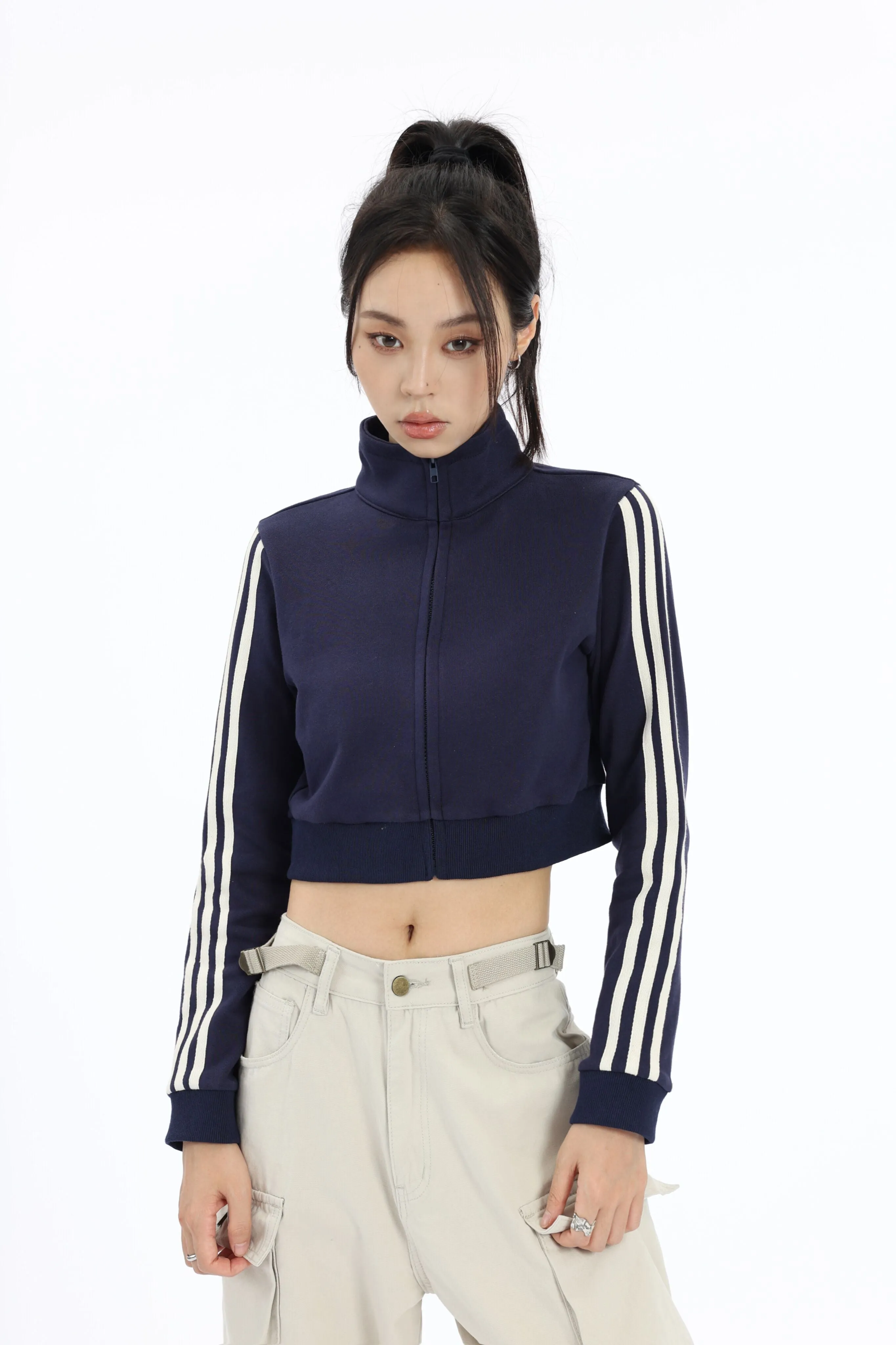 Stripe Sleeve Cropped Bomber Jacket