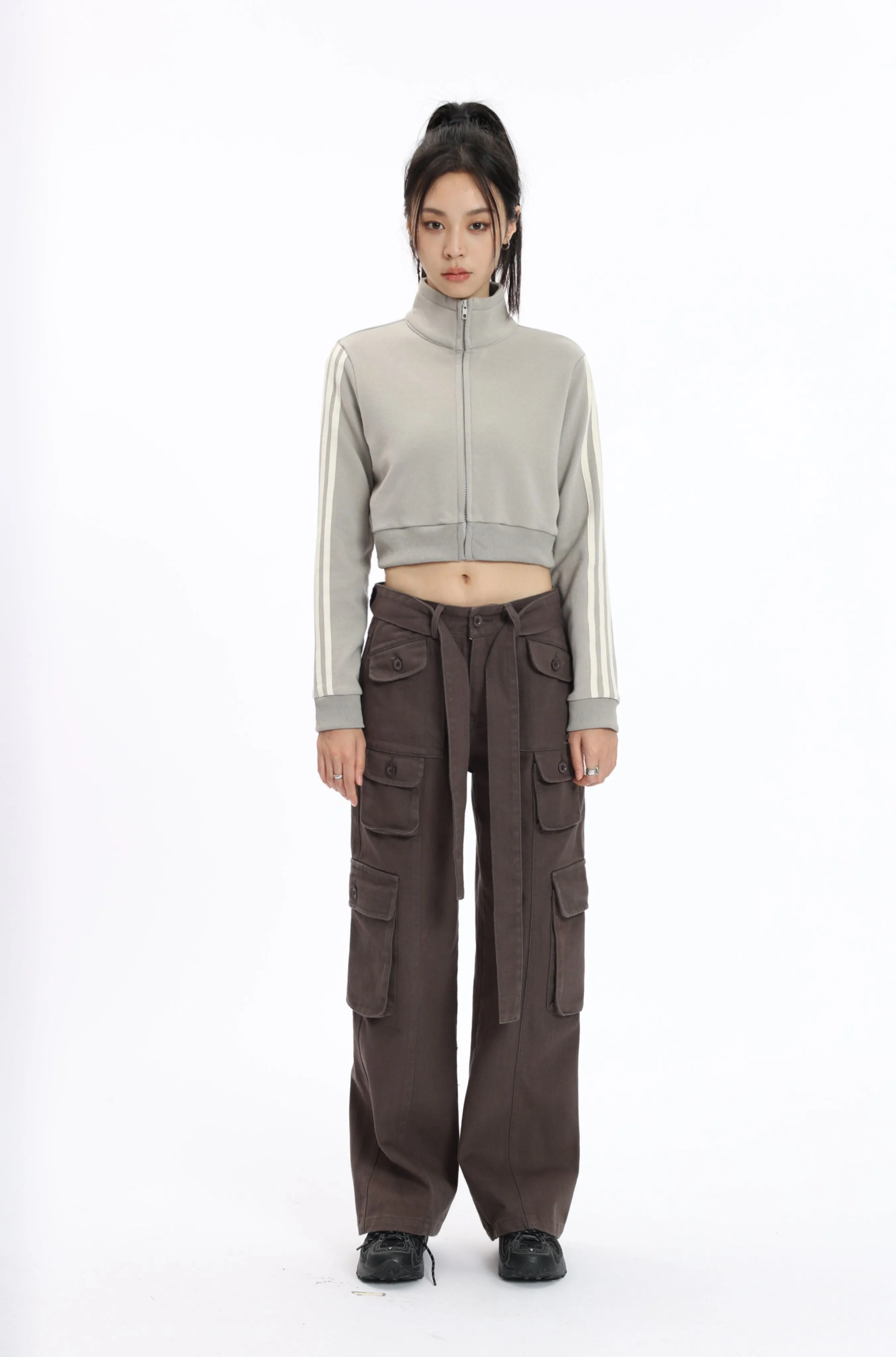 Stripe Sleeve Cropped Bomber Jacket
