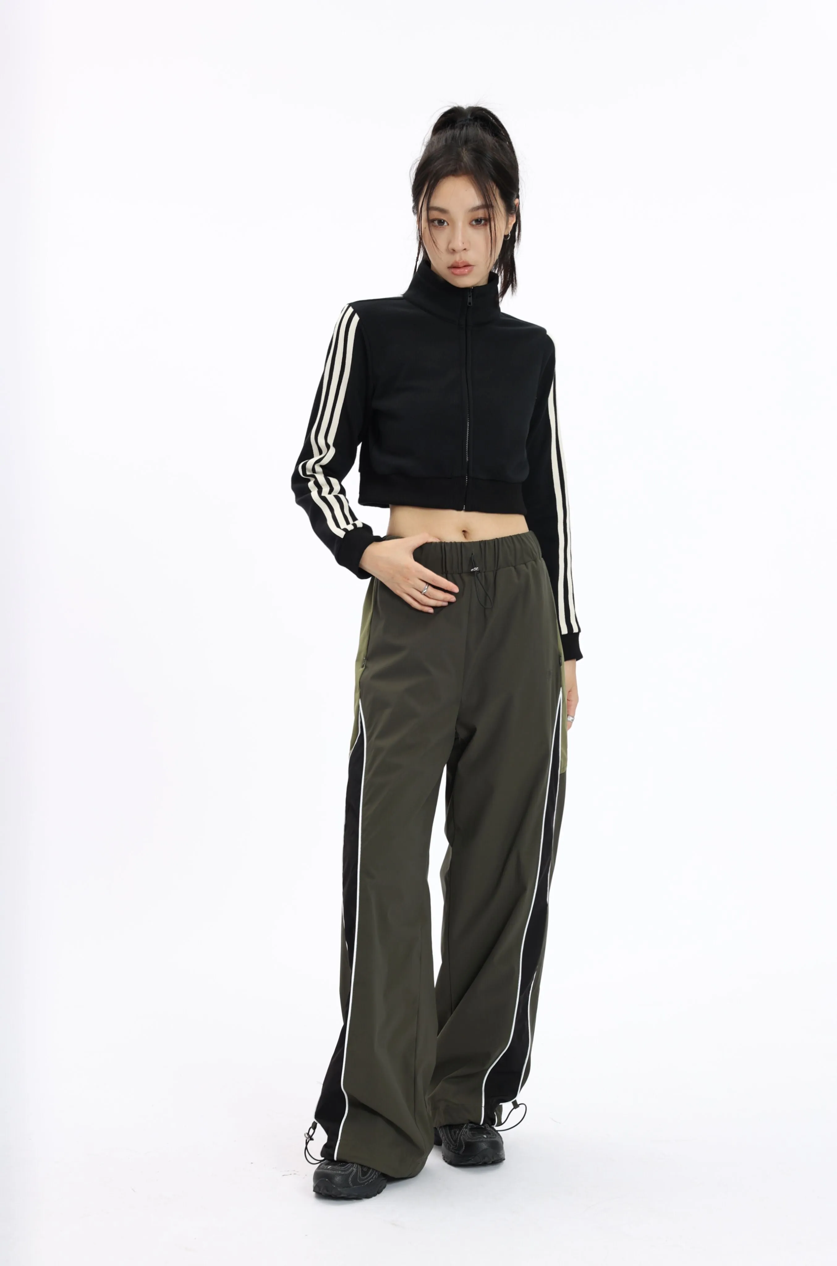 Stripe Sleeve Cropped Bomber Jacket