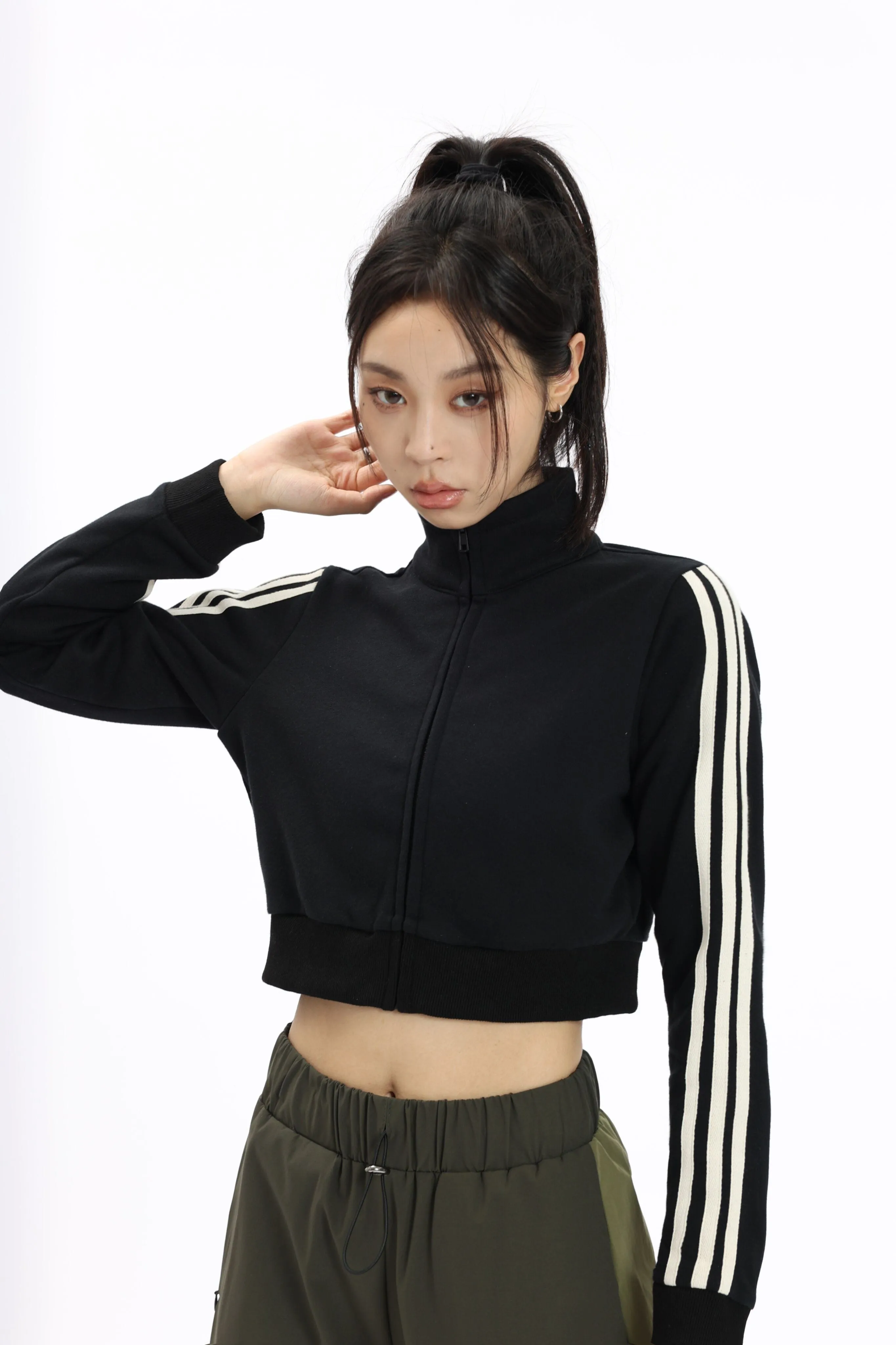 Stripe Sleeve Cropped Bomber Jacket