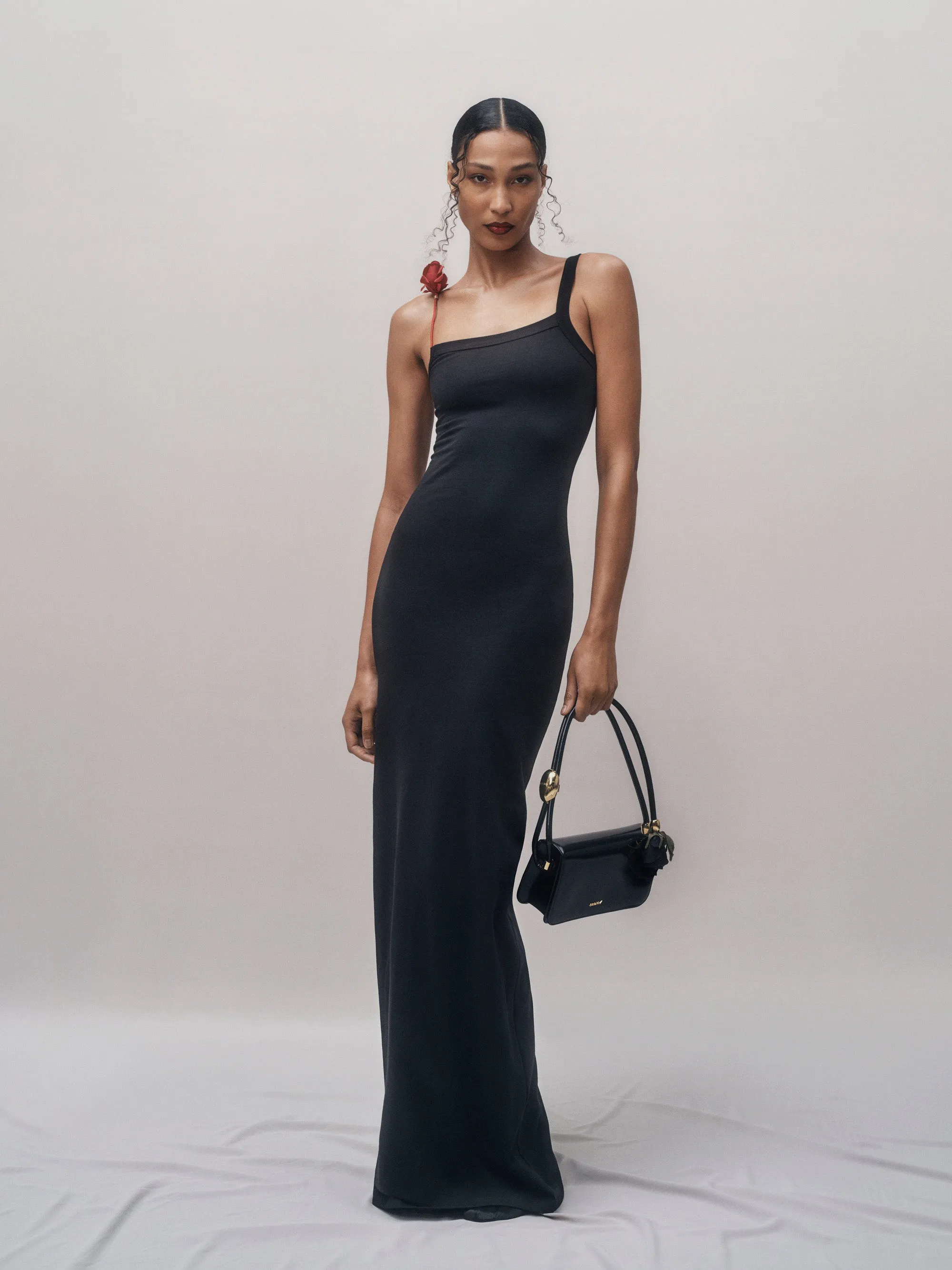 Surrealist Red Rose Strap Maxi Dress in Black