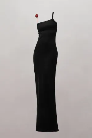 Surrealist Red Rose Strap Maxi Dress in Black
