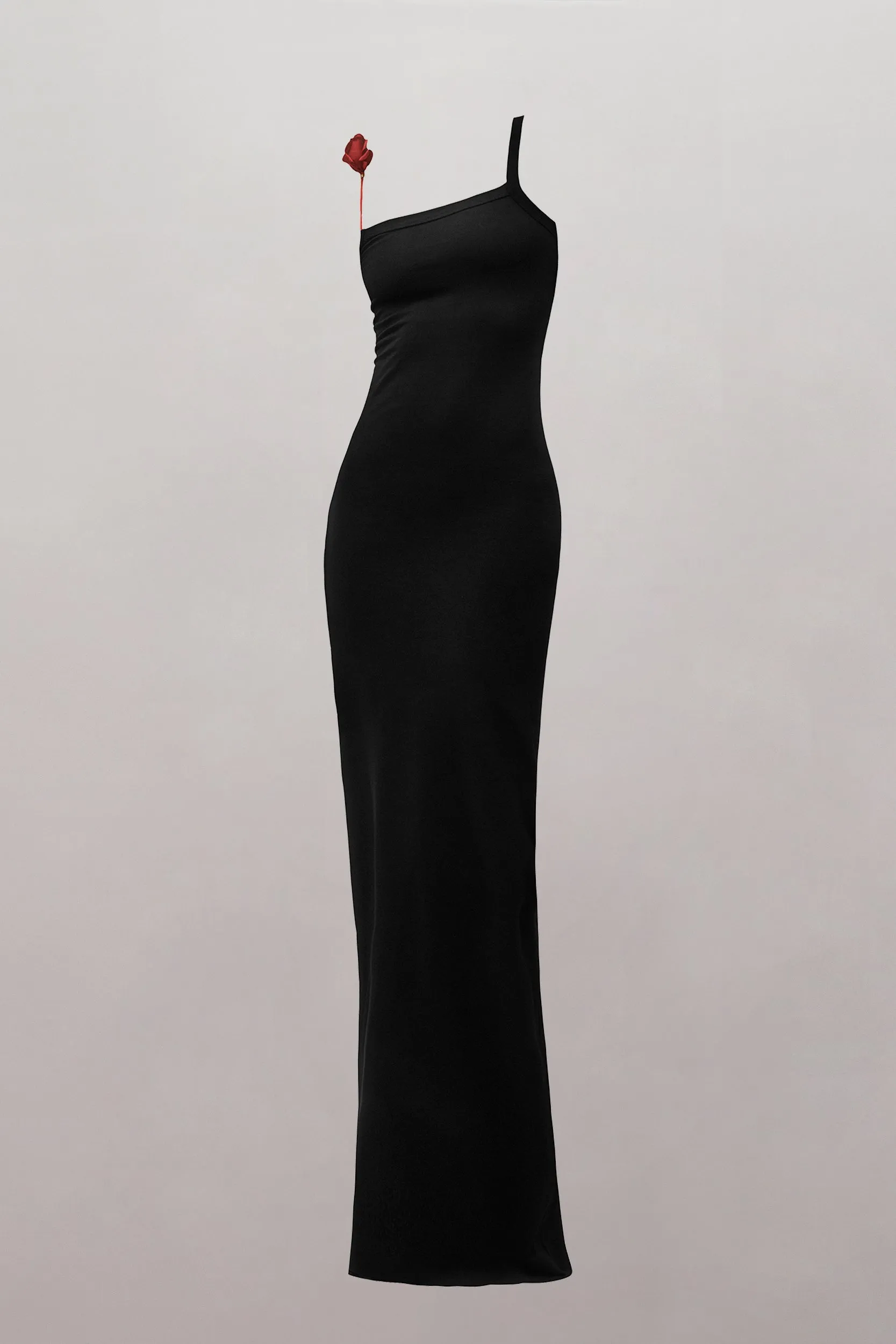 Surrealist Red Rose Strap Maxi Dress in Black