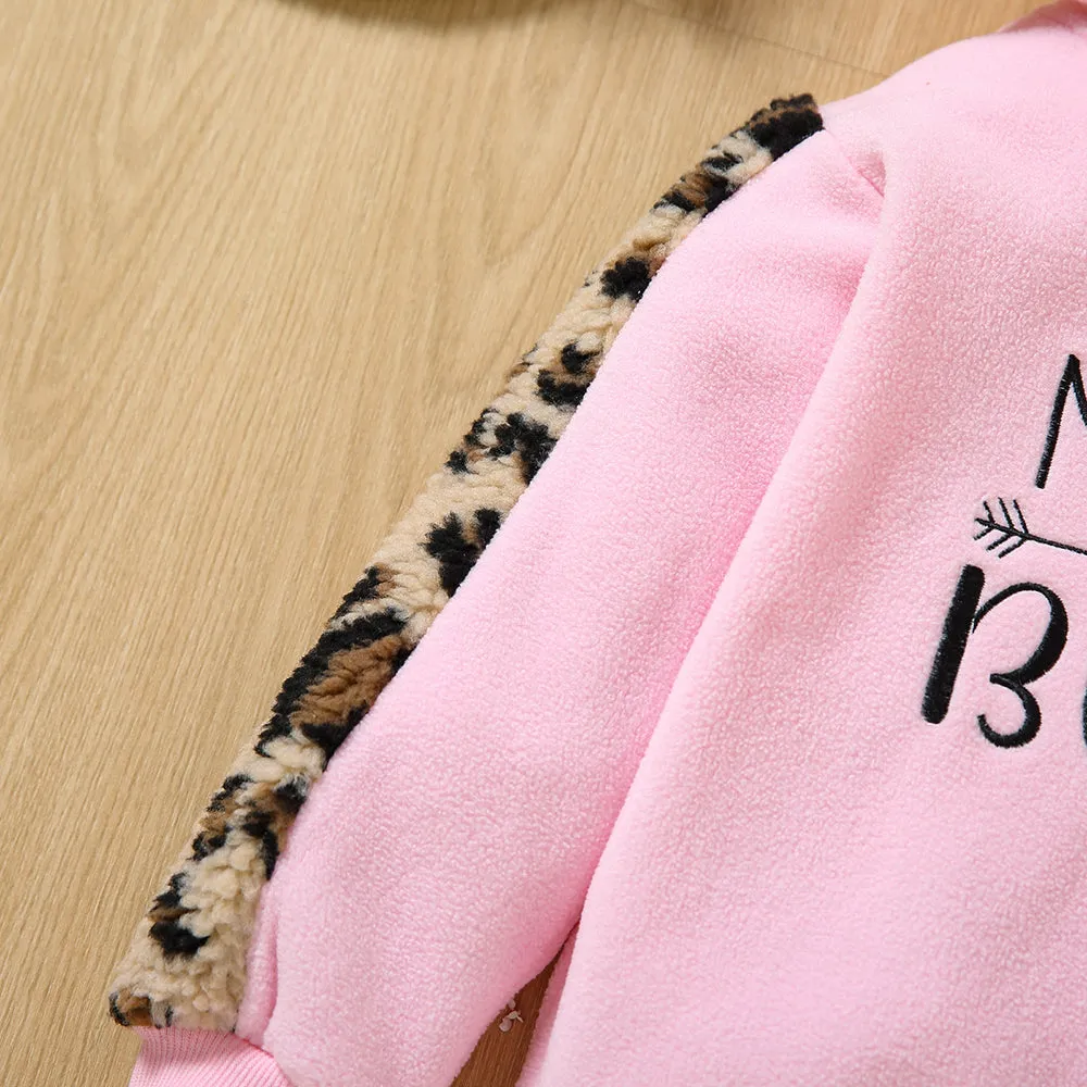 Toddler Girl Letter Embroidered Leopard Ear Design Polar Fleece Fuzzy Hoodie Sweatshirt