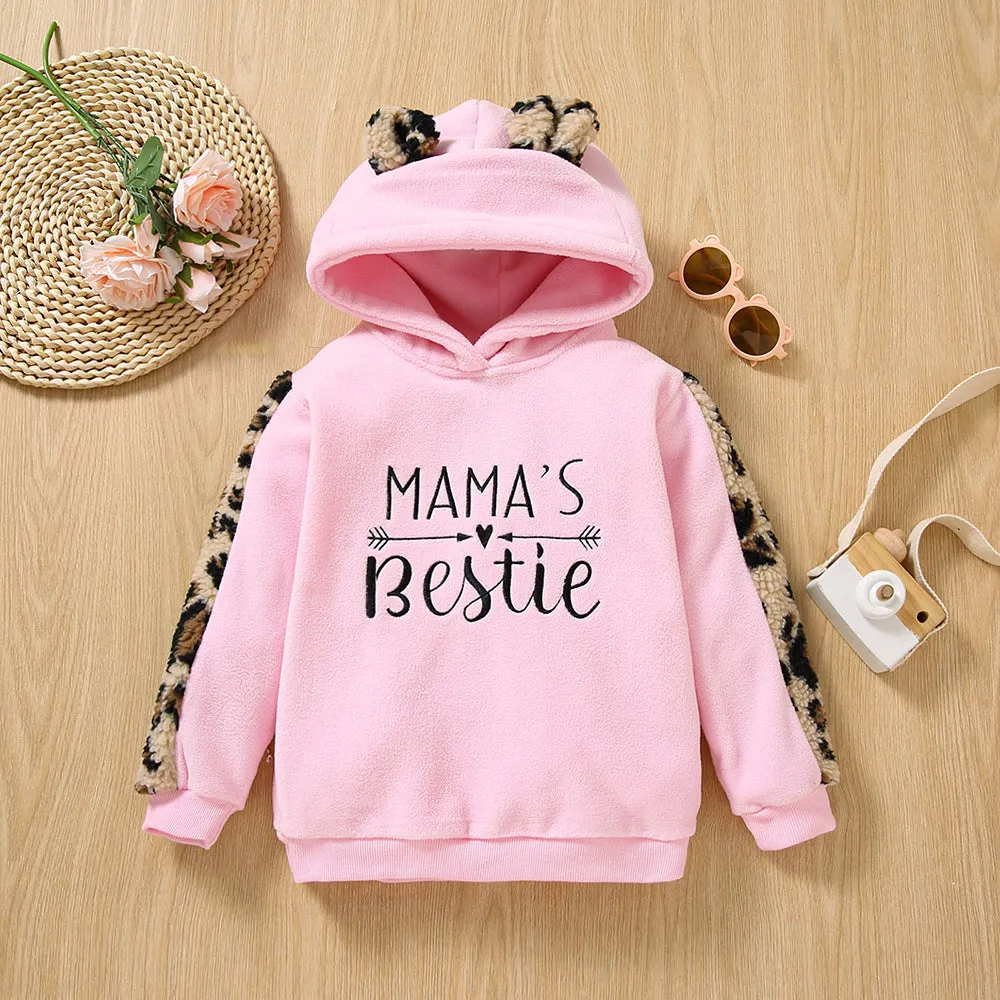 Toddler Girl Letter Embroidered Leopard Ear Design Polar Fleece Fuzzy Hoodie Sweatshirt