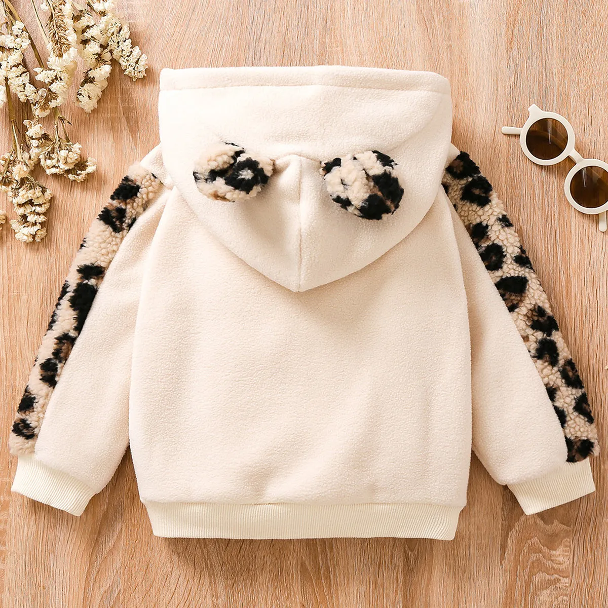 Toddler Girl Letter Embroidered Leopard Ear Design Polar Fleece Fuzzy Hoodie Sweatshirt