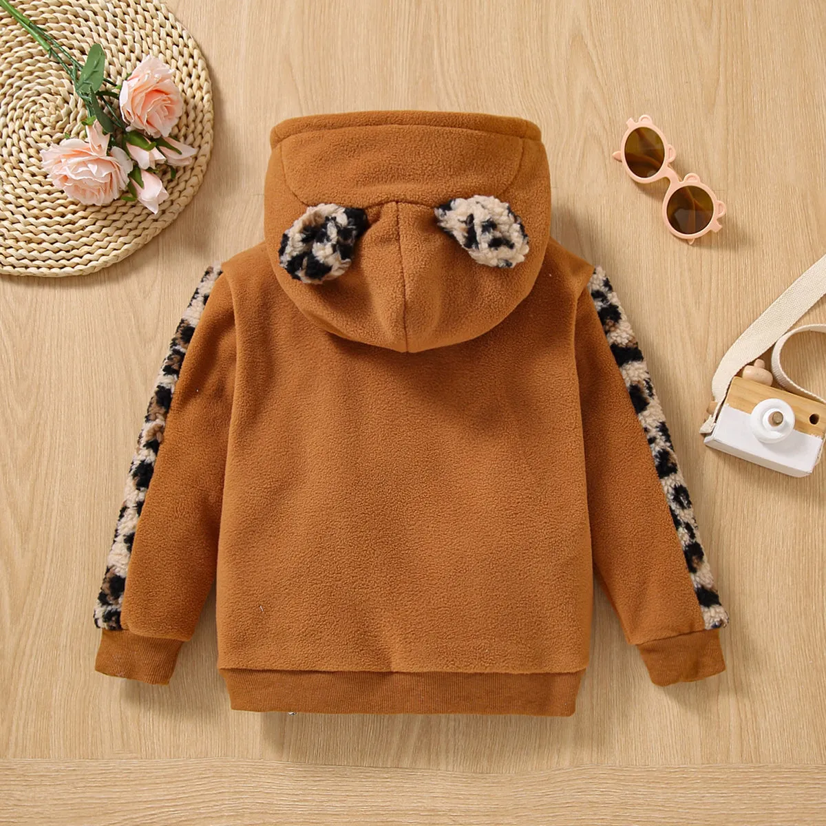 Toddler Girl Letter Embroidered Leopard Ear Design Polar Fleece Fuzzy Hoodie Sweatshirt