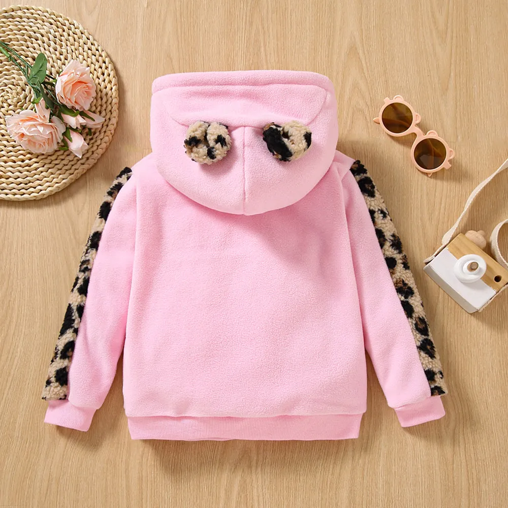 Toddler Girl Letter Embroidered Leopard Ear Design Polar Fleece Fuzzy Hoodie Sweatshirt